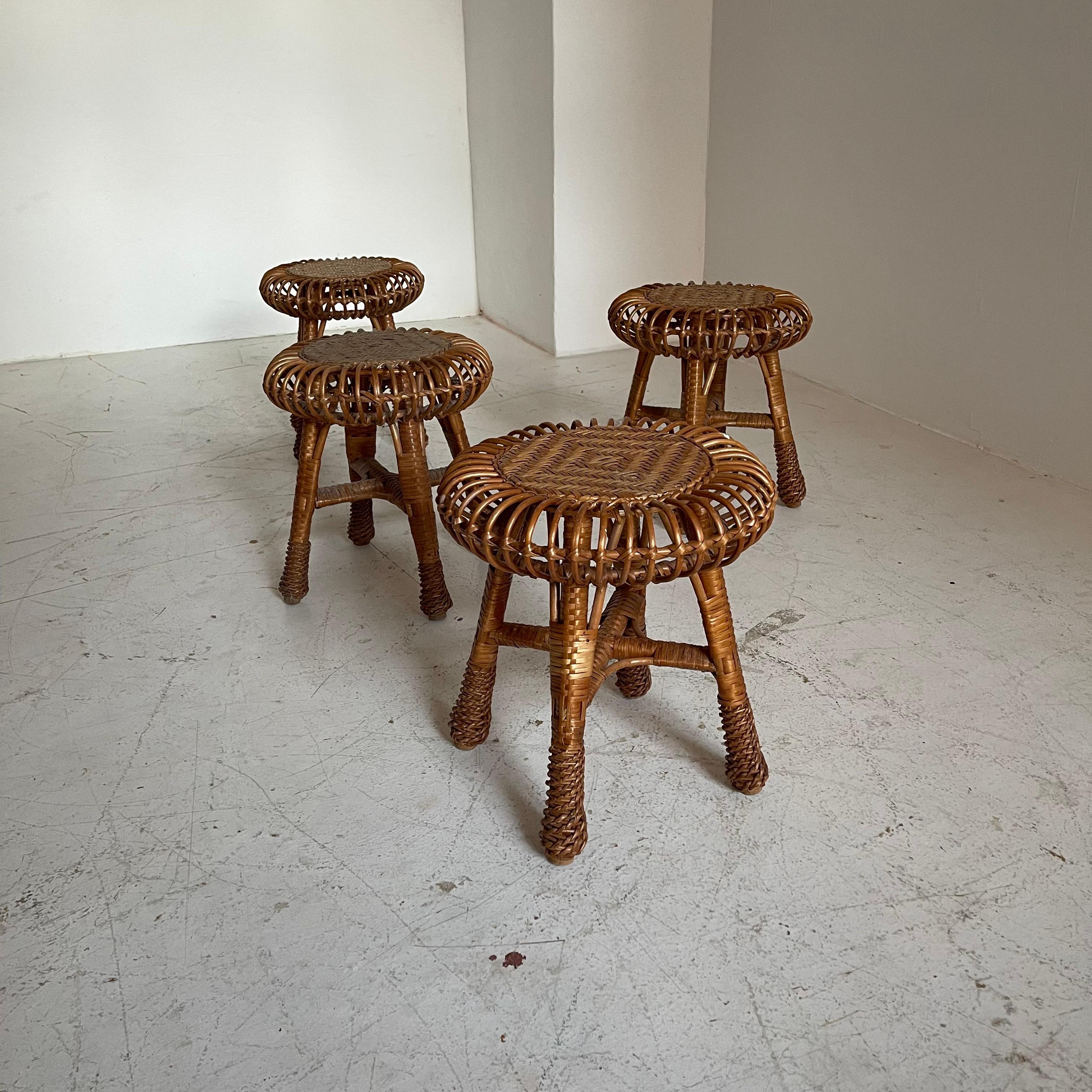 Mid-Century Modern Franco Albini Rattan Bamboo Style Stools, Italy, 1959 For Sale