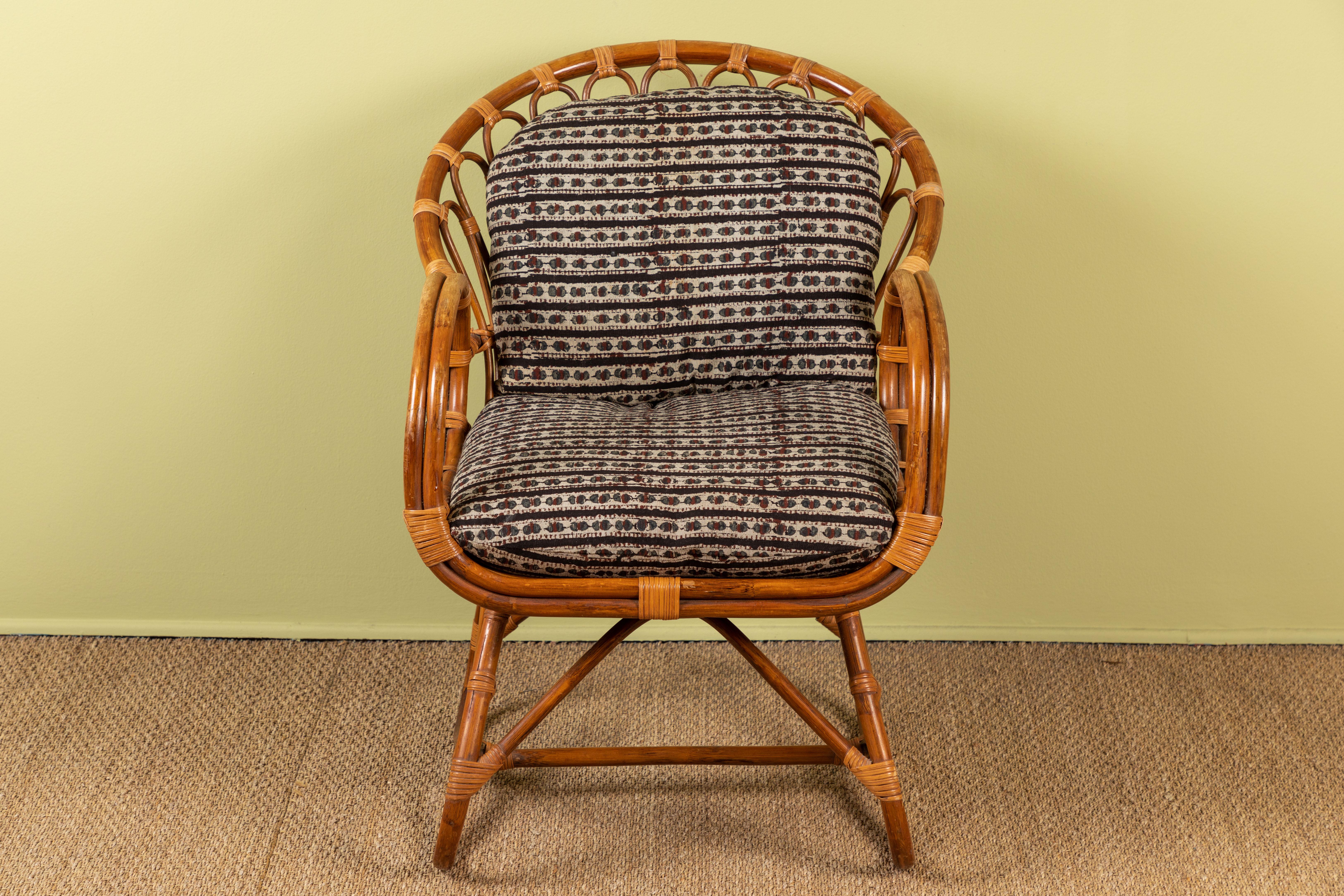 Vintage Albini chair with cushions upholstered in antique Indian block print textile.