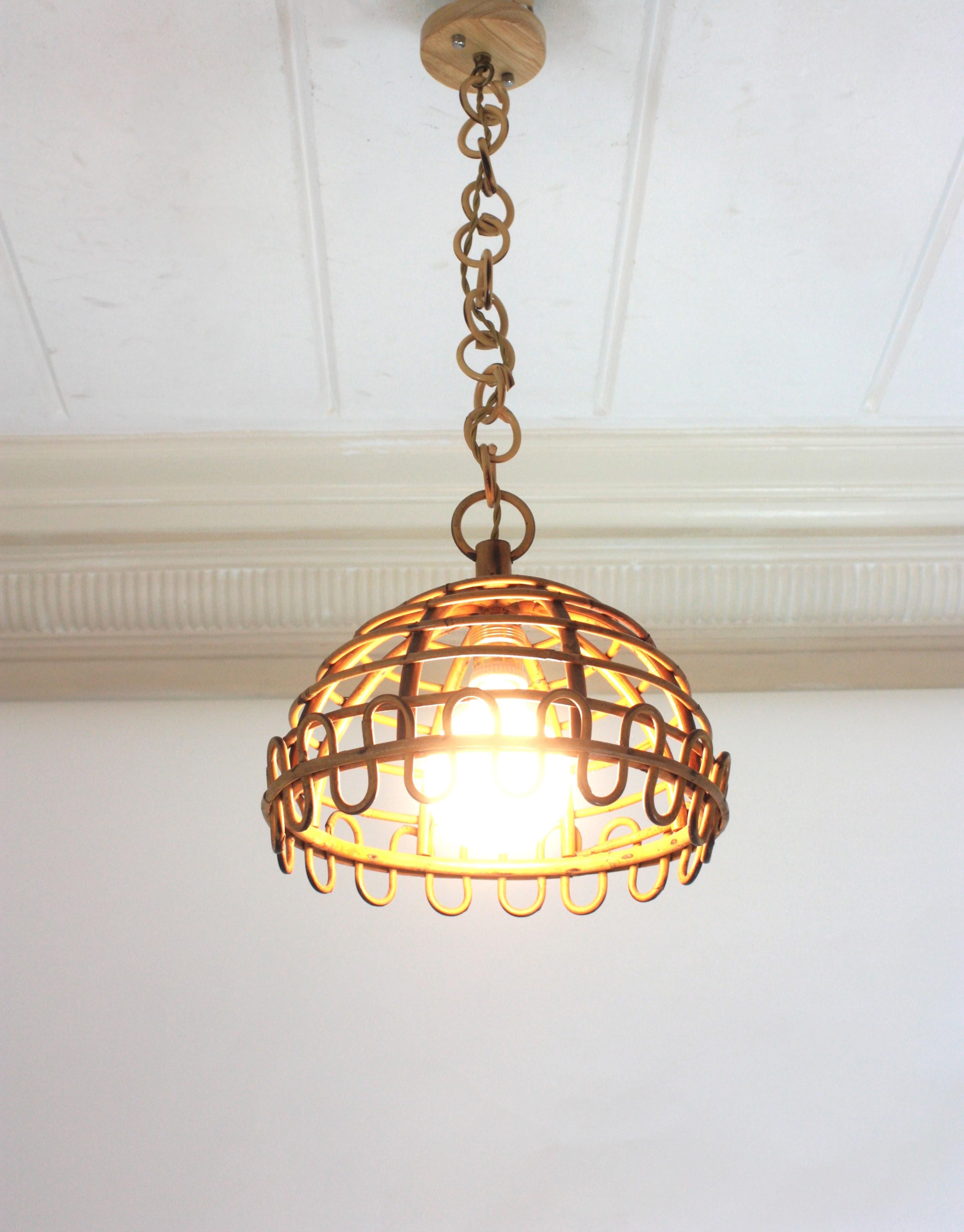 Franco Albini Rattan Dome Pendant Hanging Light, Loop Design For Sale 3