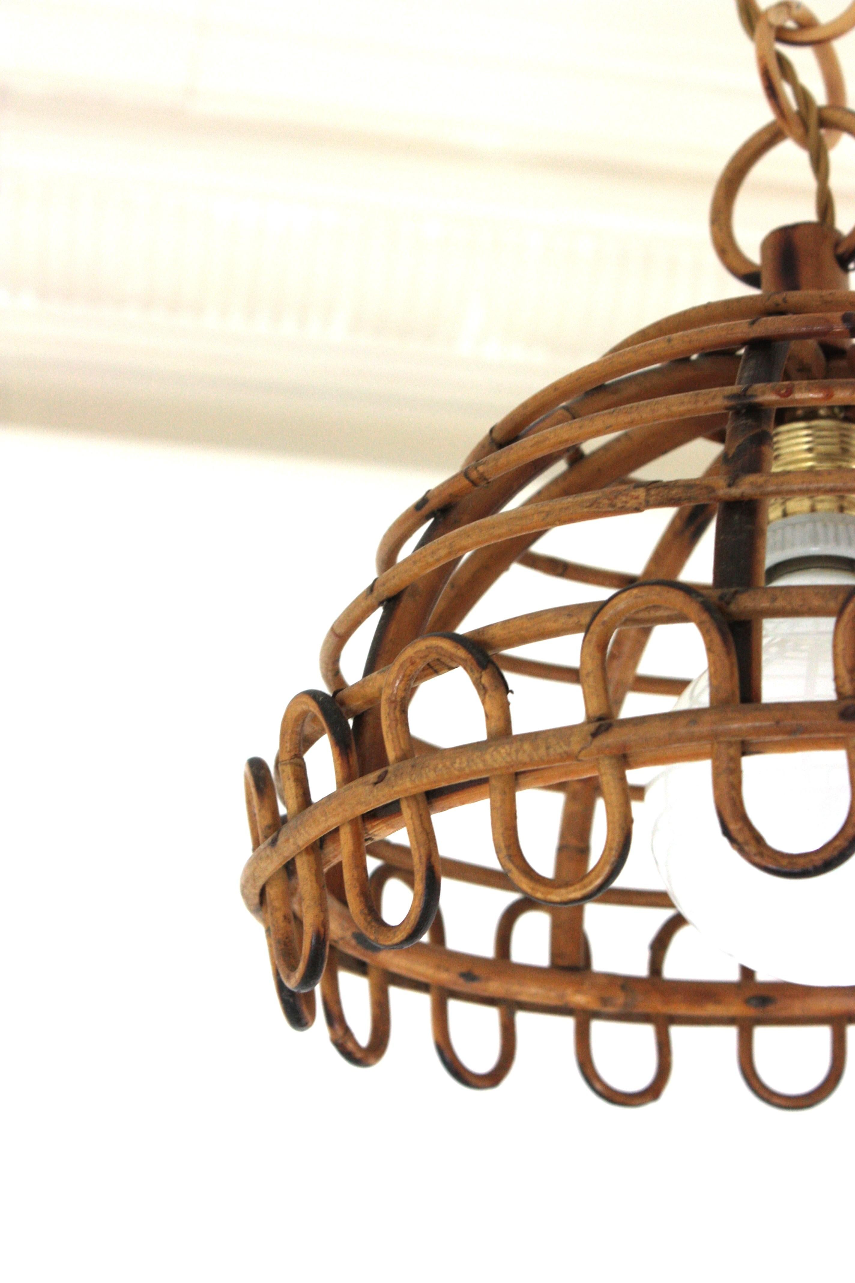 Franco Albini Rattan Dome Pendant Hanging Light, Loop Design For Sale 7