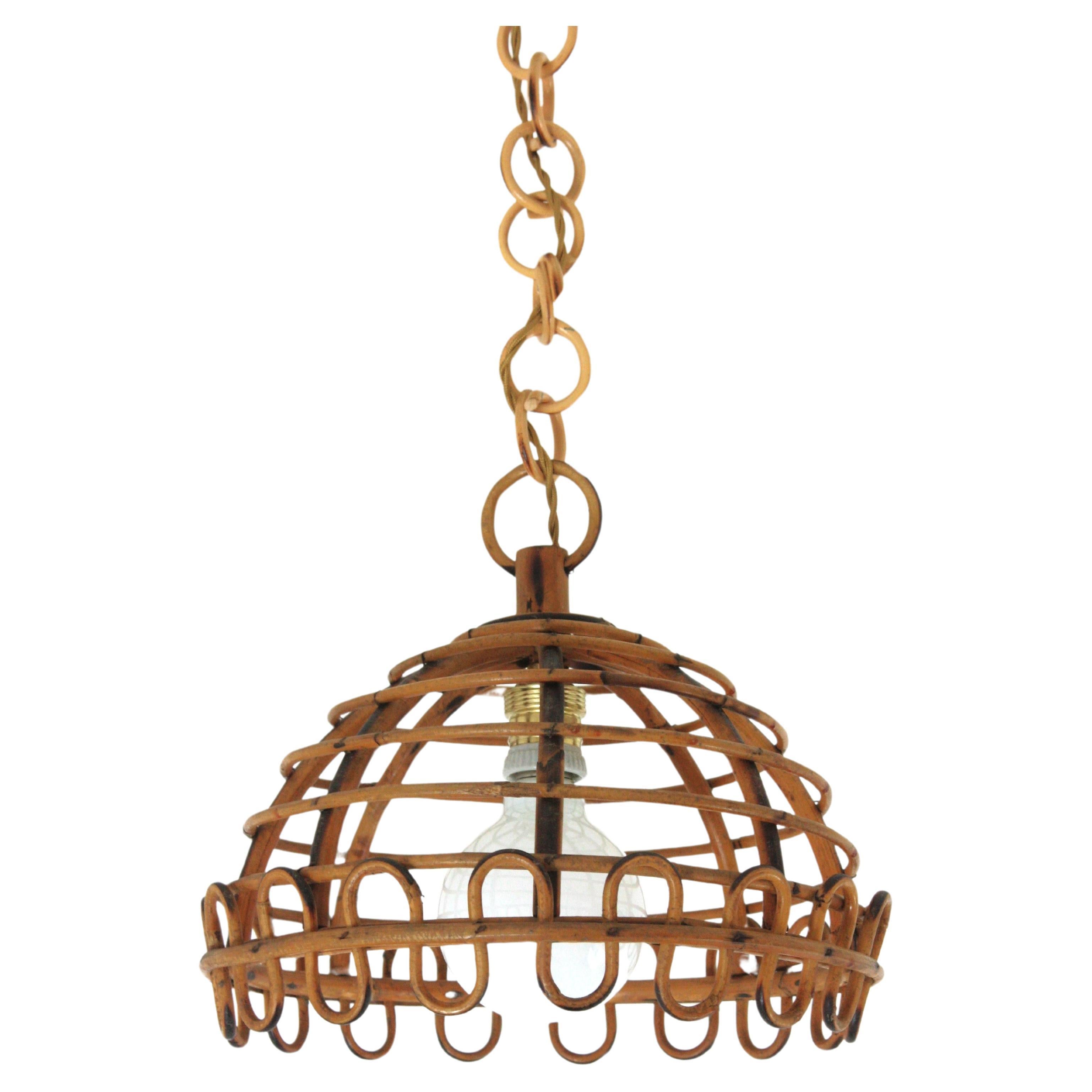 Mid-Century Modern Franco Albini Rattan Dome Pendant Hanging Light, 1960s For Sale