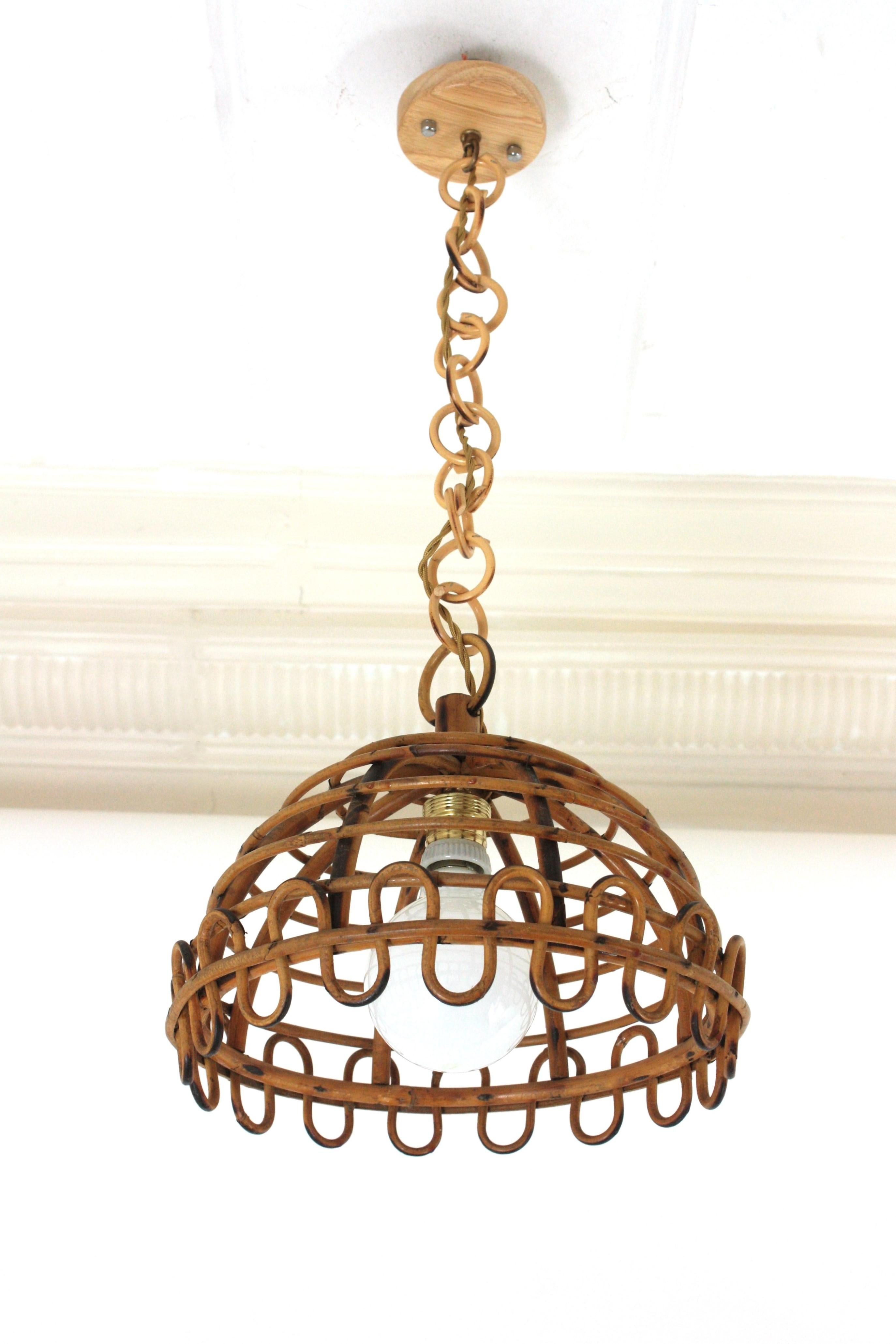 Hand-Crafted Franco Albini Rattan Dome Pendant Hanging Light, 1960s For Sale