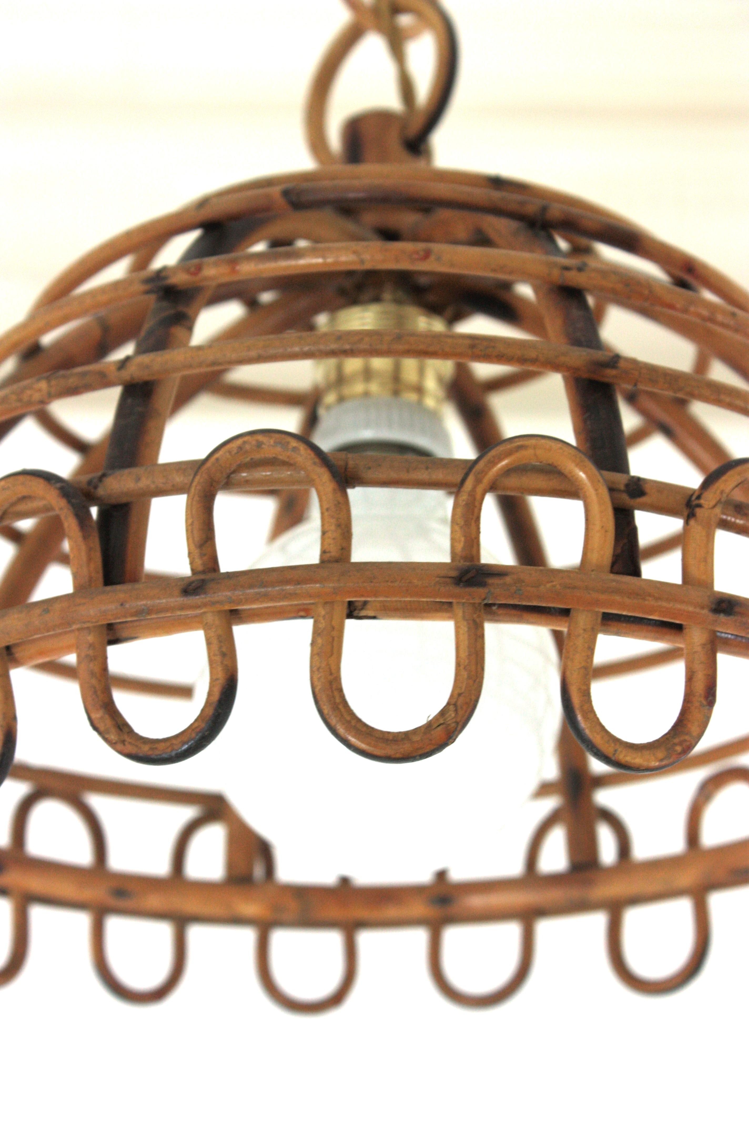 Bamboo Franco Albini Rattan Dome Pendant Hanging Light, 1960s For Sale