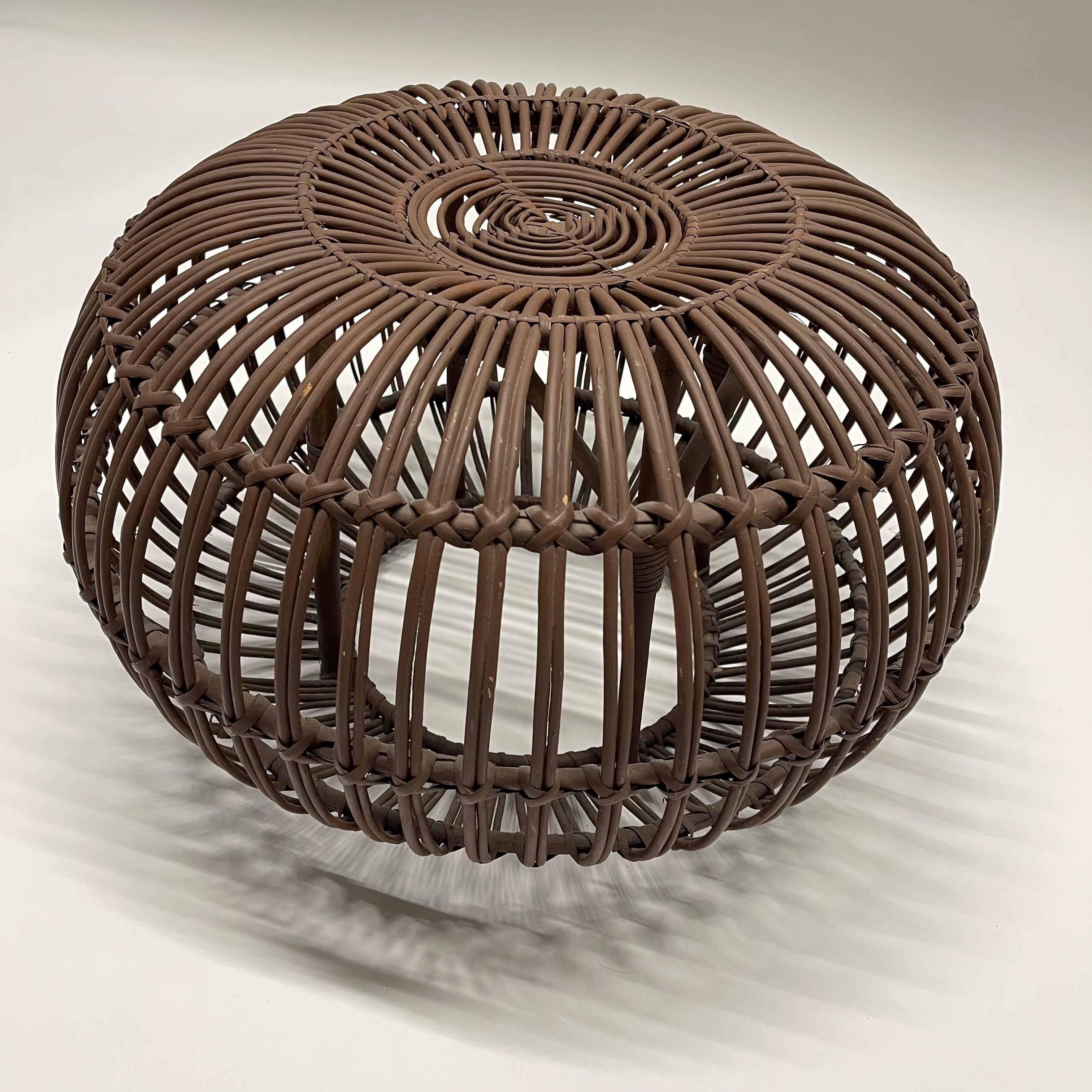 Mid-Century Modern Rattan Footstool, Ottoman, or Pouf in the Style of Ico Parisi, circa 1960's