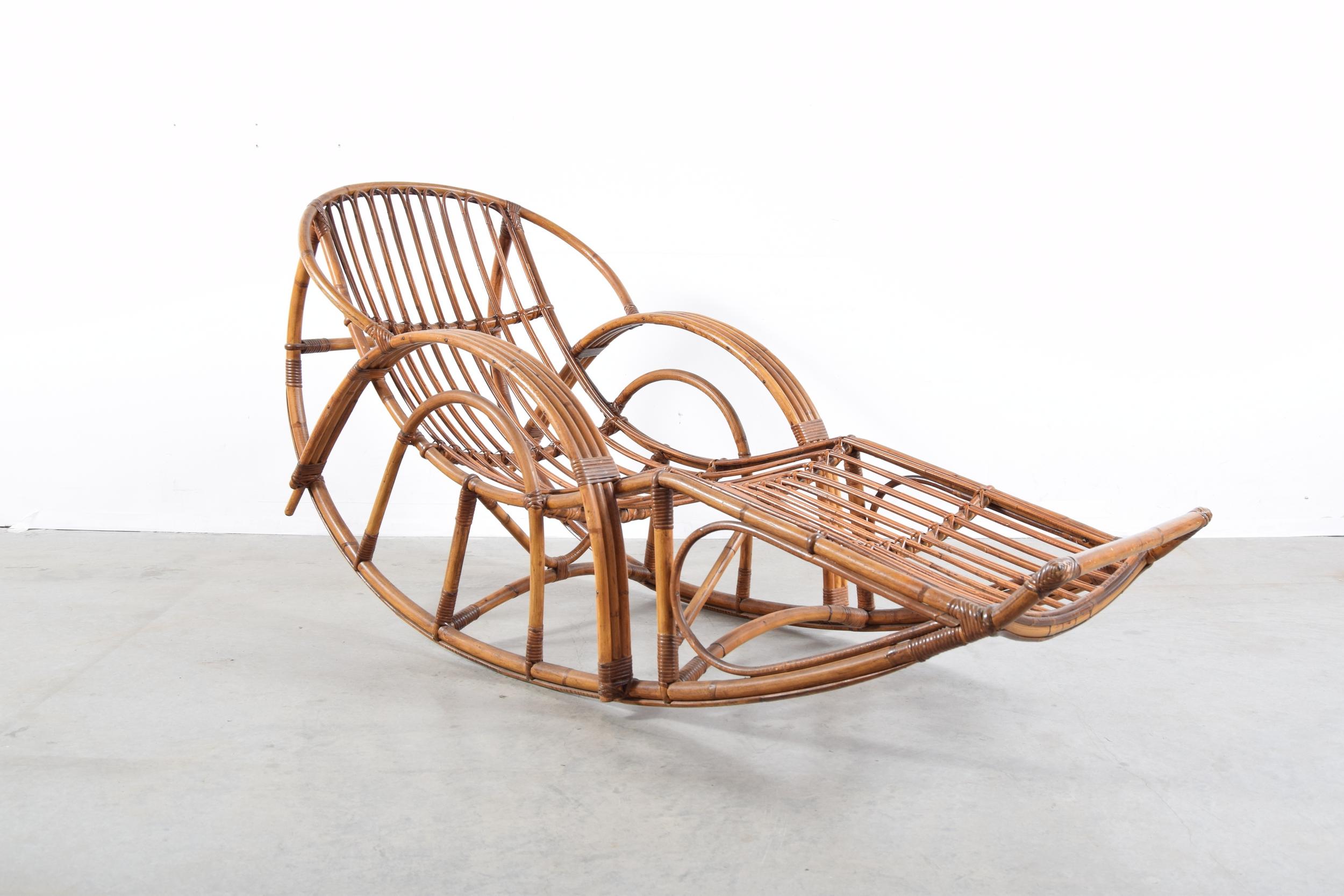 Modernist rattan and bamboo rocking chaise, circa 1955. Amazing original condition. Made in Italy.