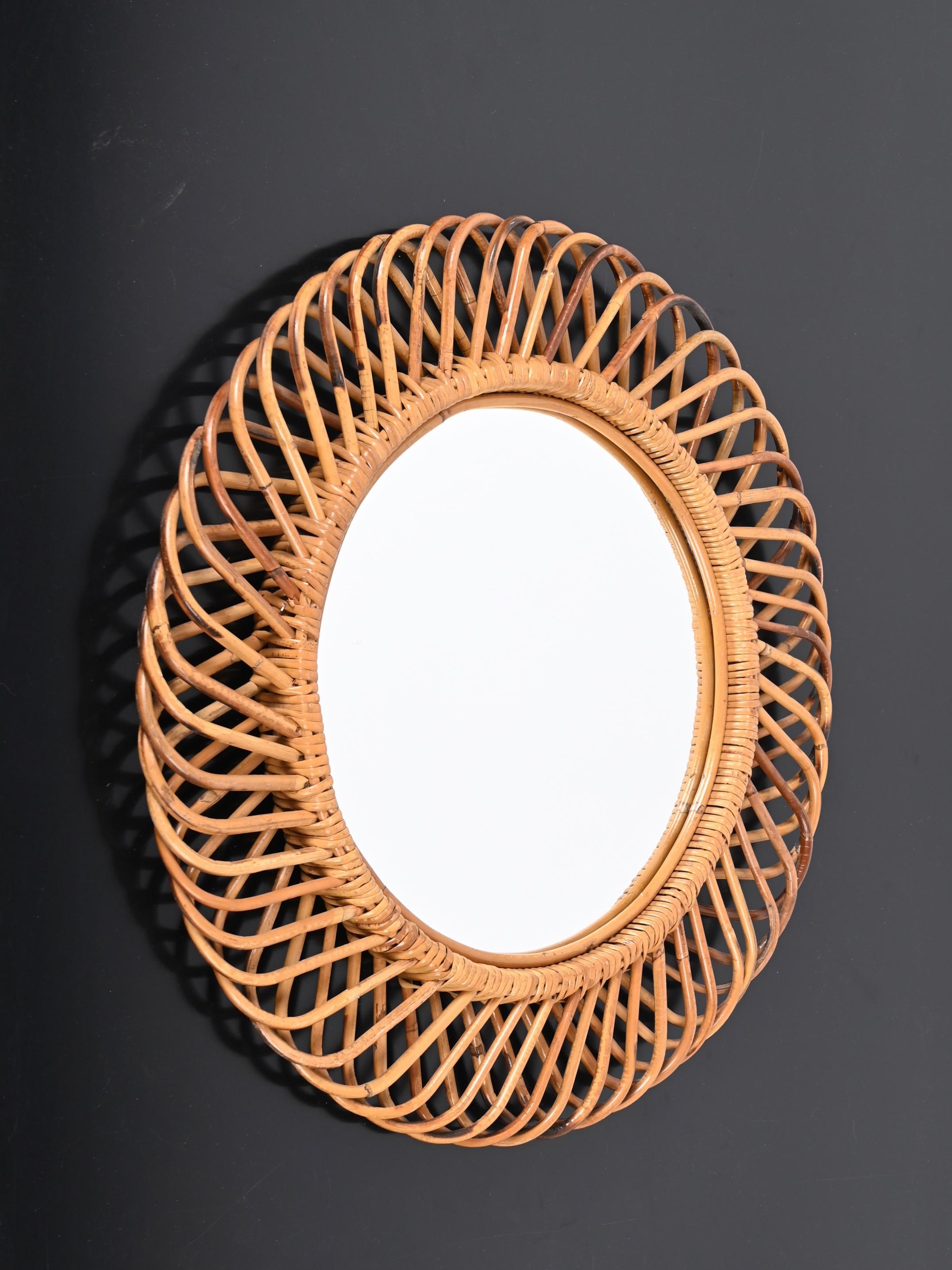 Mid-Century Modern Franco Albini Round Mirror in Bamboo and Rattan, Italy, 1960s