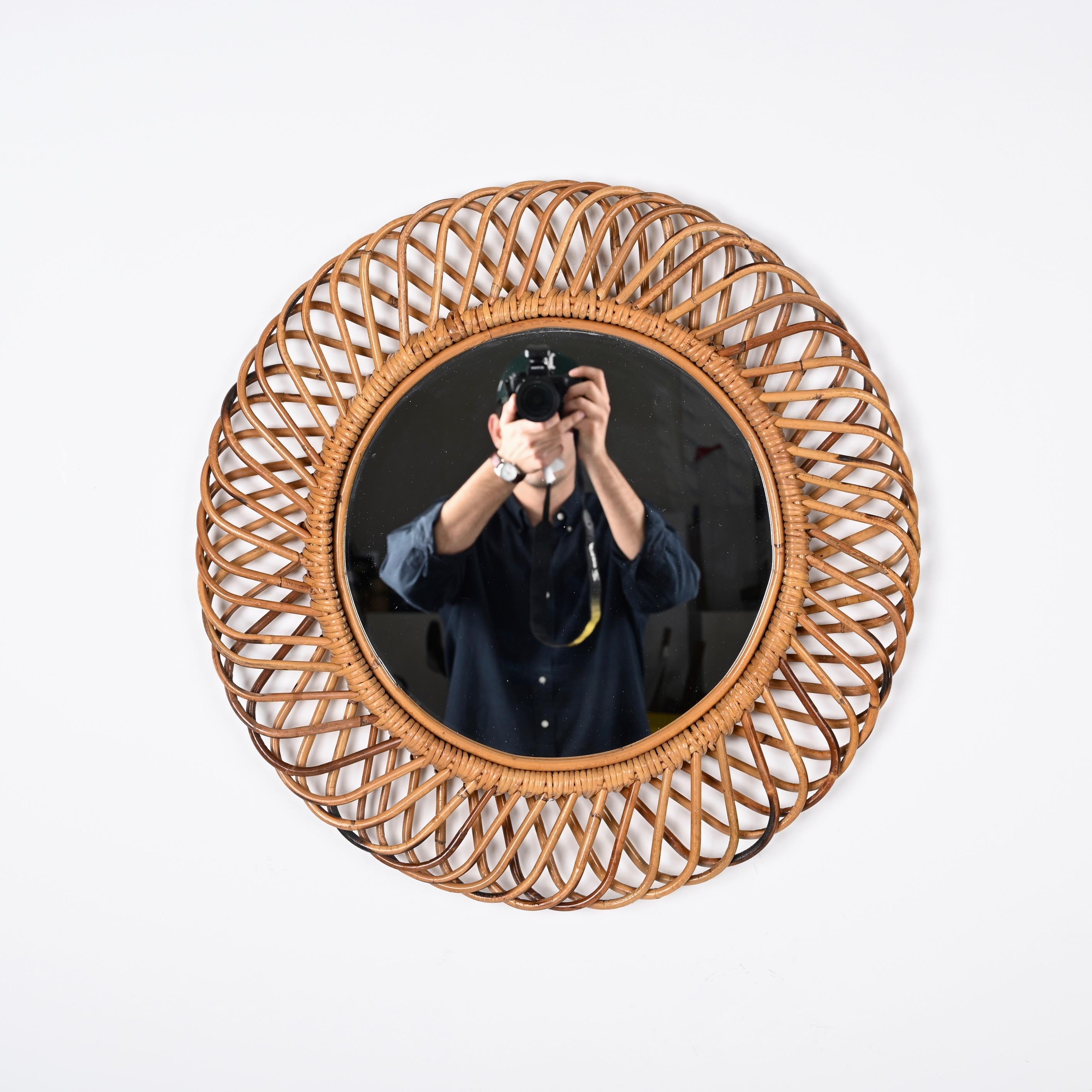 Italian Franco Albini Round Mirror in Bamboo and Rattan, Italy, 1960s
