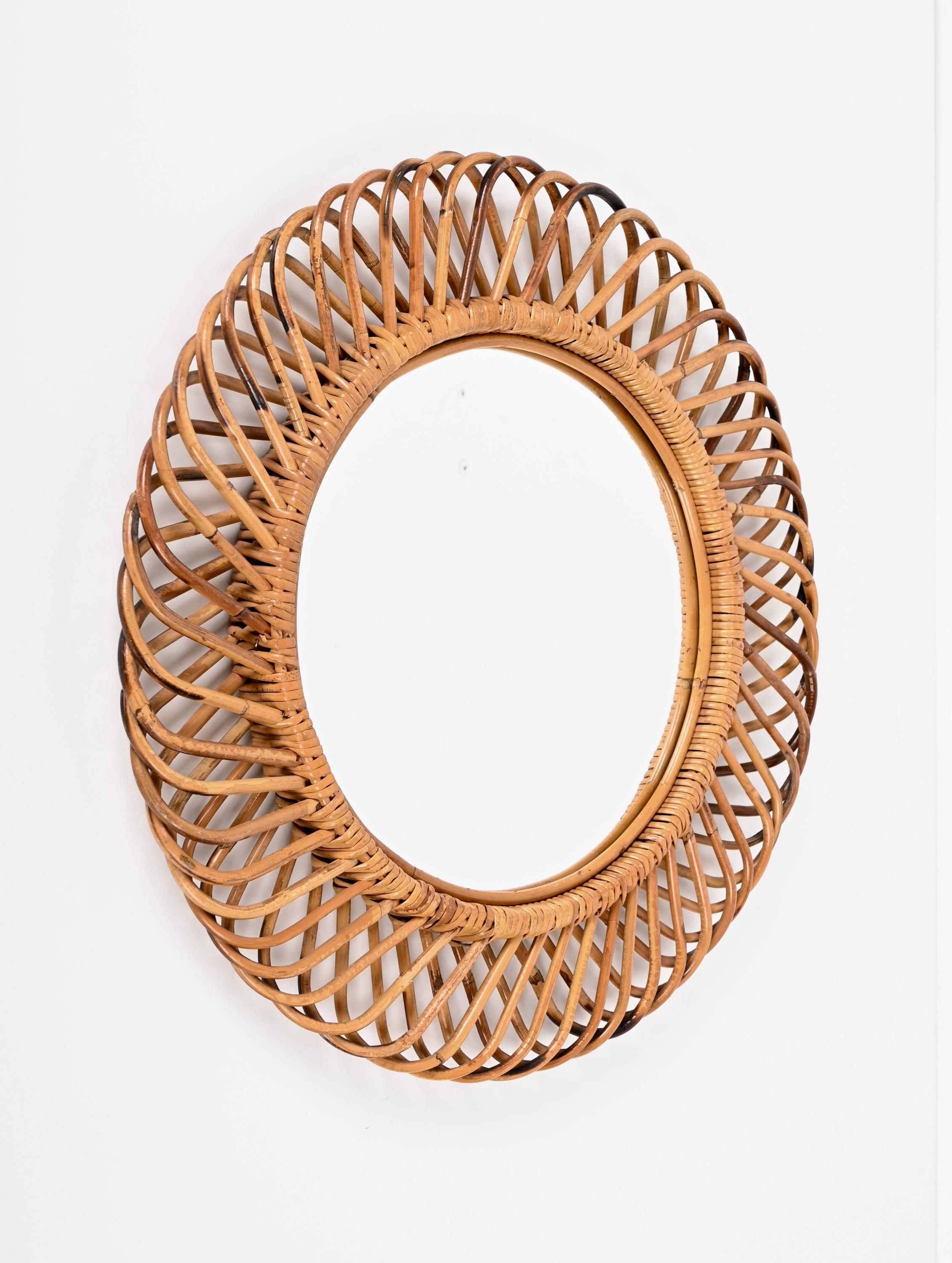 Mid-20th Century Franco Albini Round Mirror in Bamboo and Rattan, Italy, 1960s