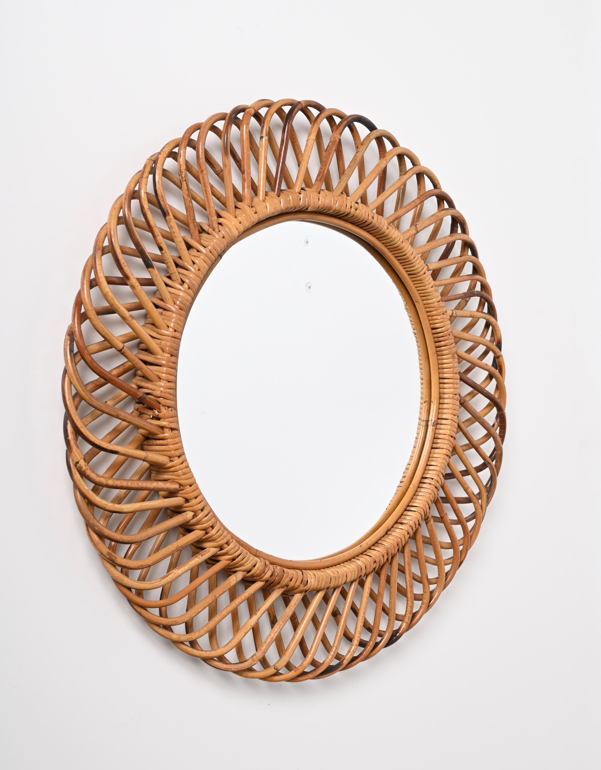 Franco Albini Round Mirror in Bamboo and Rattan, Italy, 1960s 3