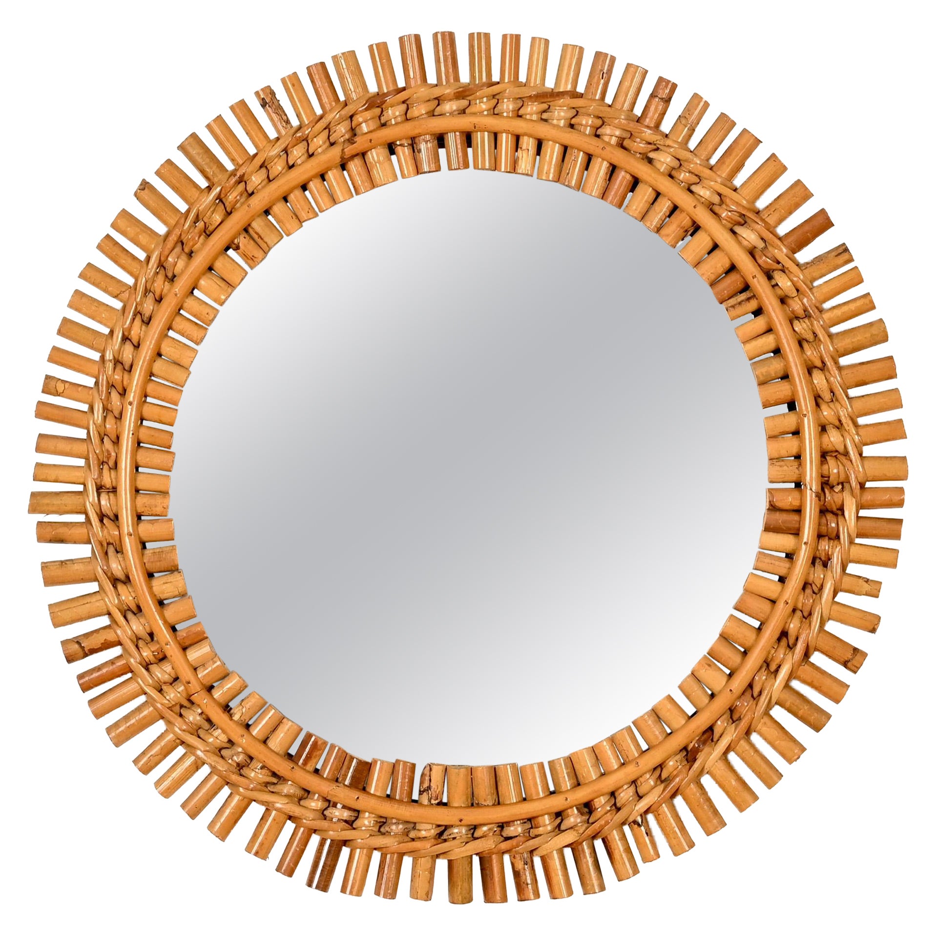 Specchio rotondo di Franco Albini in bambù, rattan e vimini intrecciato, Italia, anni '60