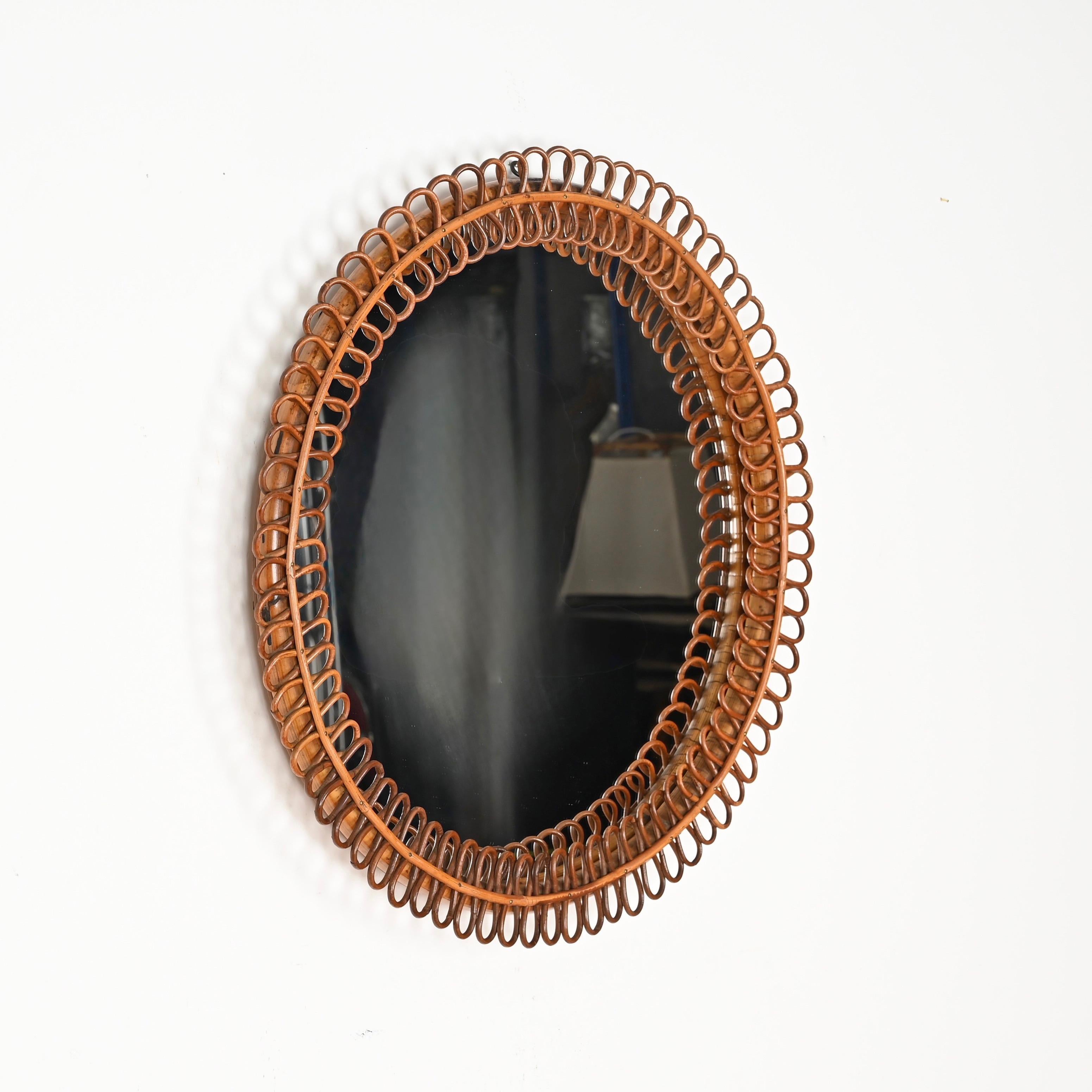 italien Miroir rond Franco Albini en rotin incurvé et bambou, Italie, années 1960 en vente