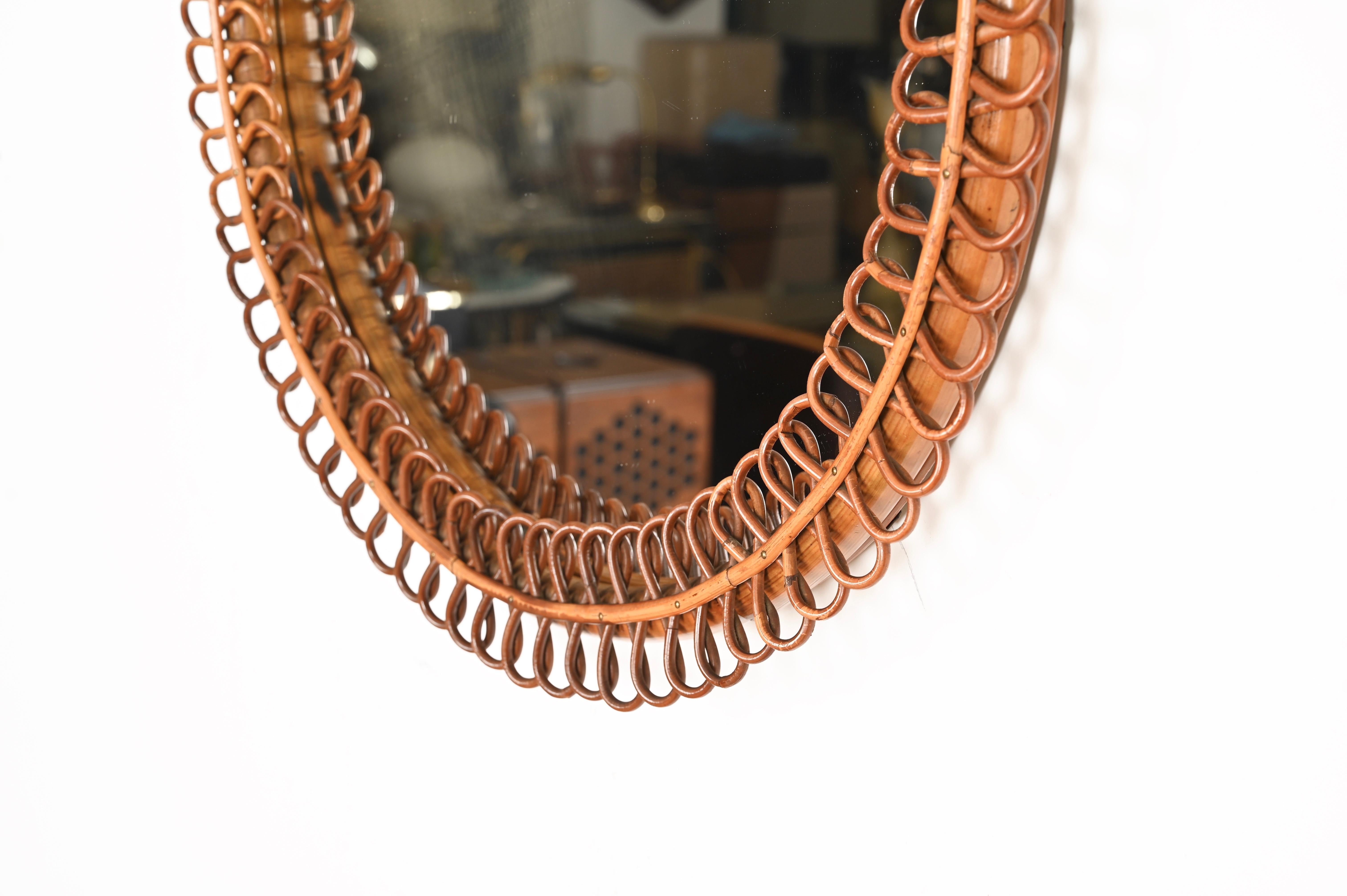 Fait main Miroir rond Franco Albini en rotin incurvé et bambou, Italie, années 1960 en vente