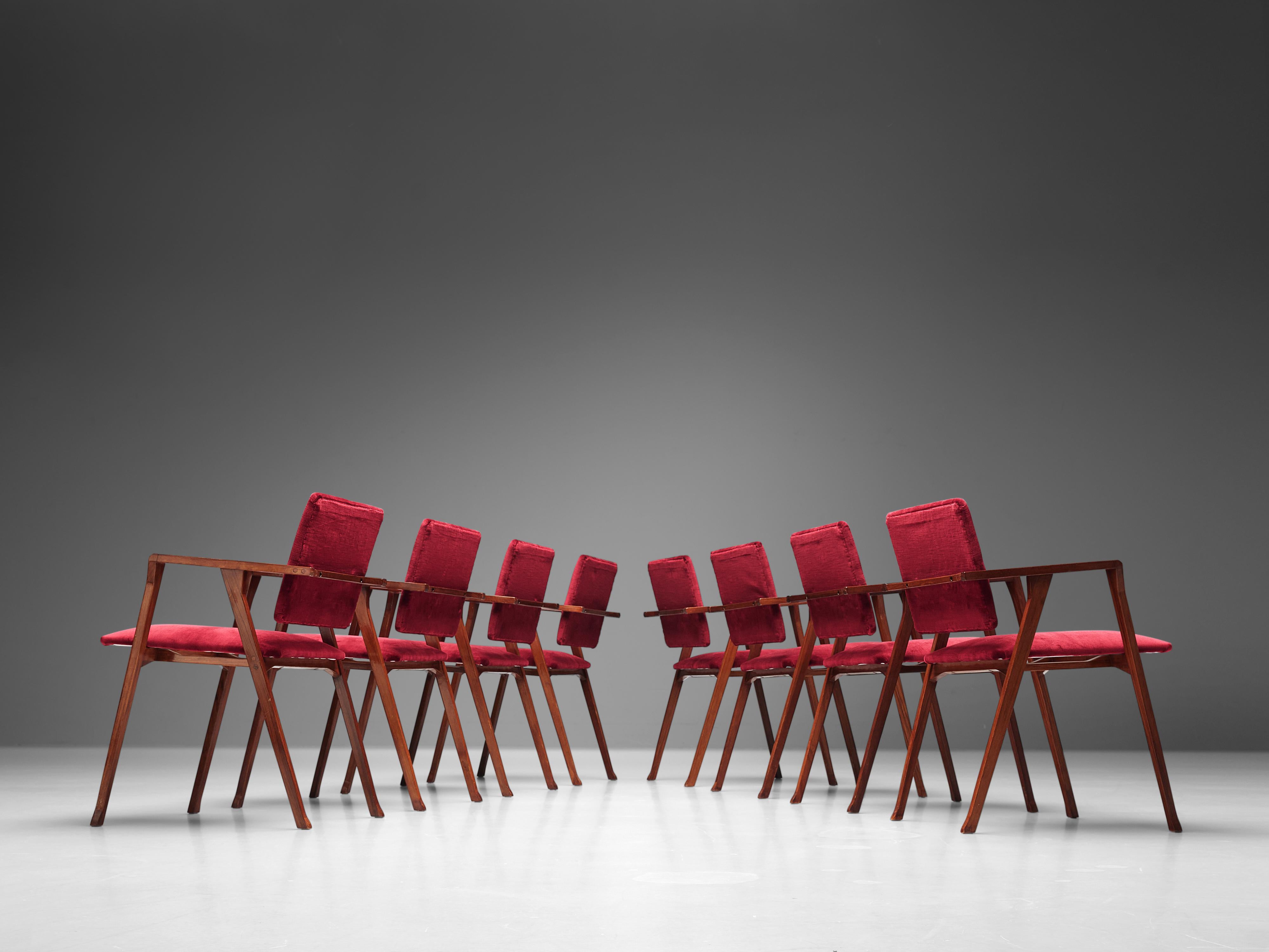 Italian Franco Albini Set of Eight 'Luisa' Dining Chairs in Red Upholstery