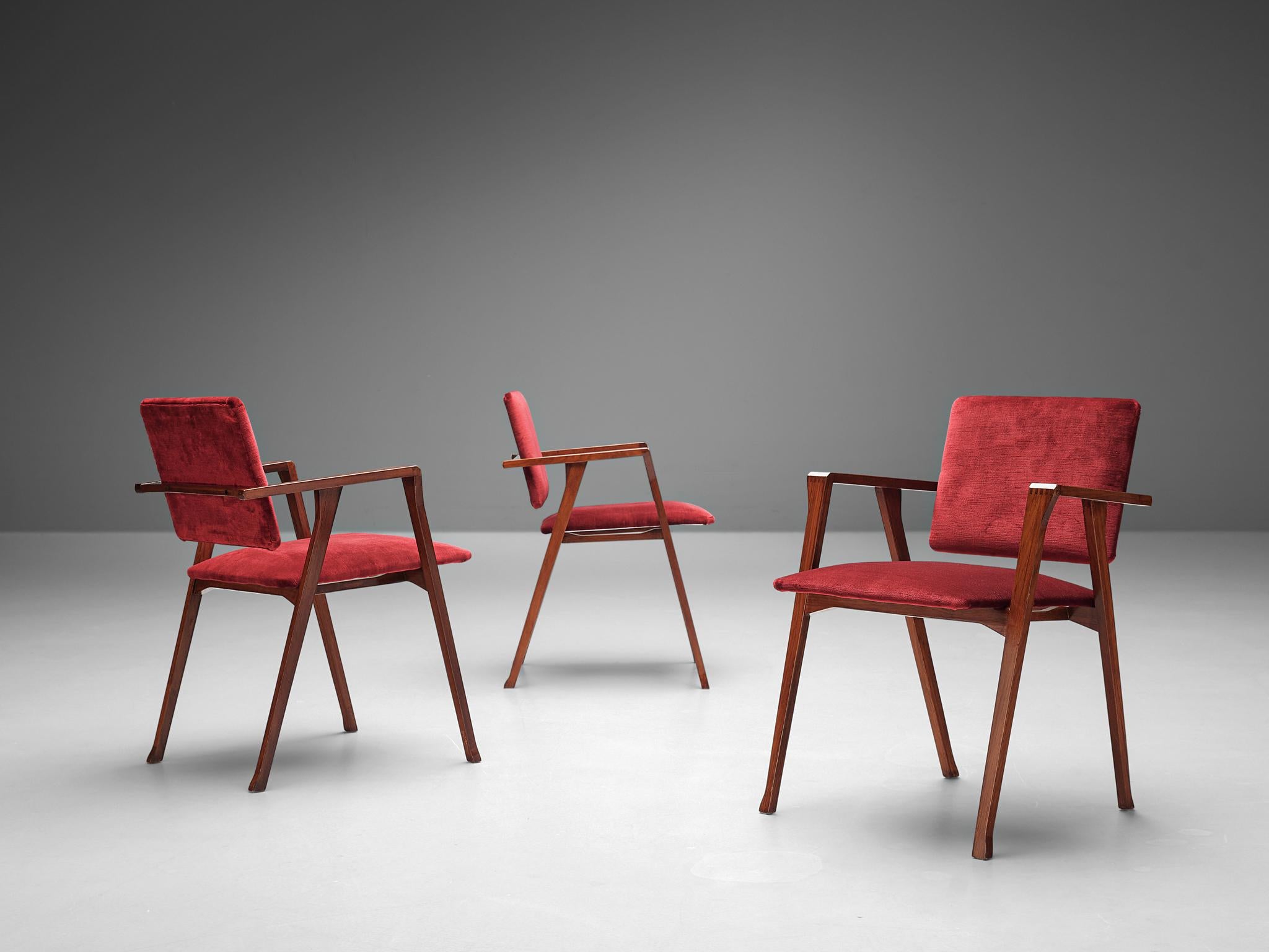 Italian Franco Albini Set of Eight 'Luisa' Dining Chairs in Red Upholstery