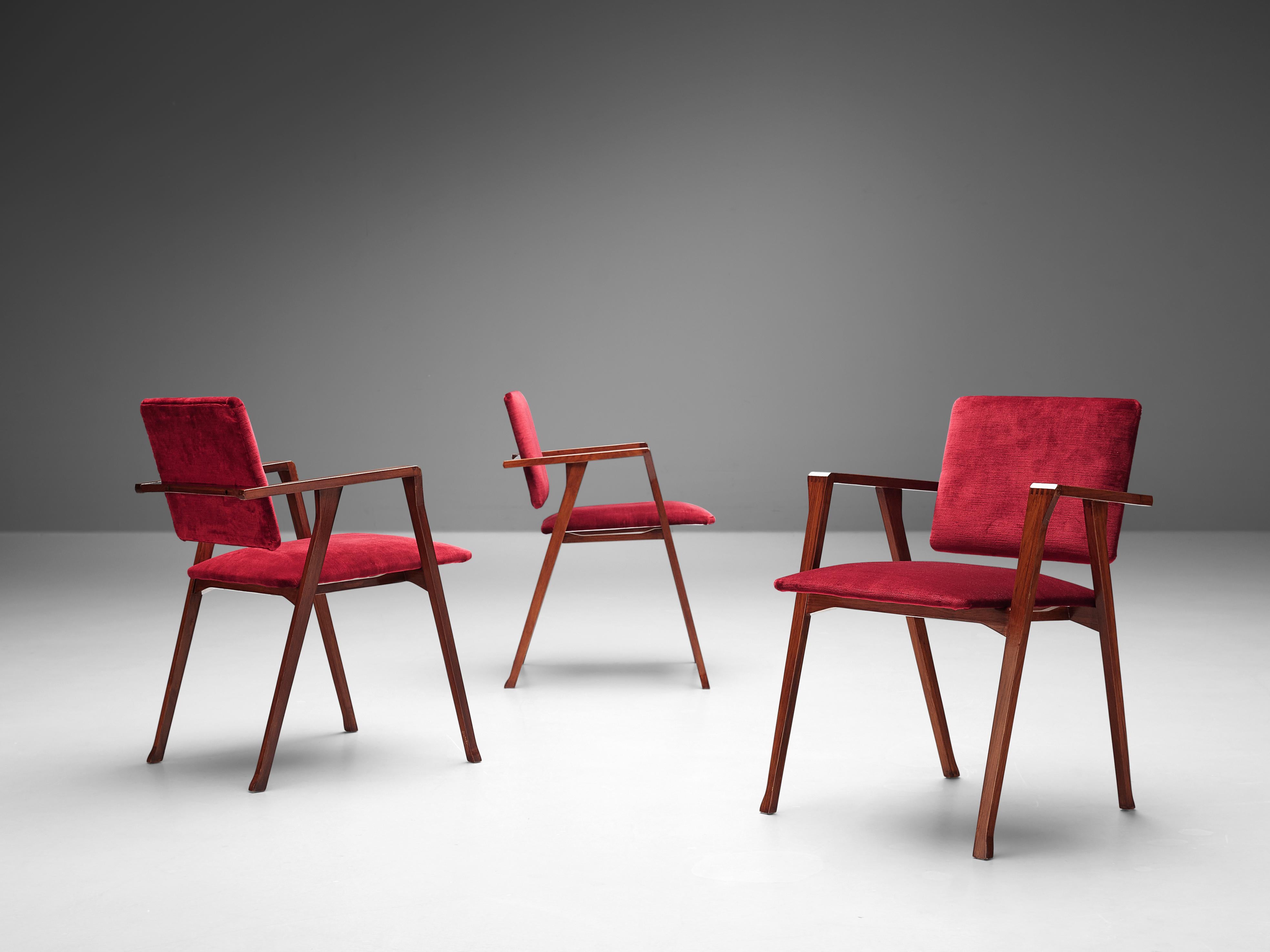 Mid-20th Century Franco Albini Set of Eight 'Luisa' Dining Chairs in Red Upholstery