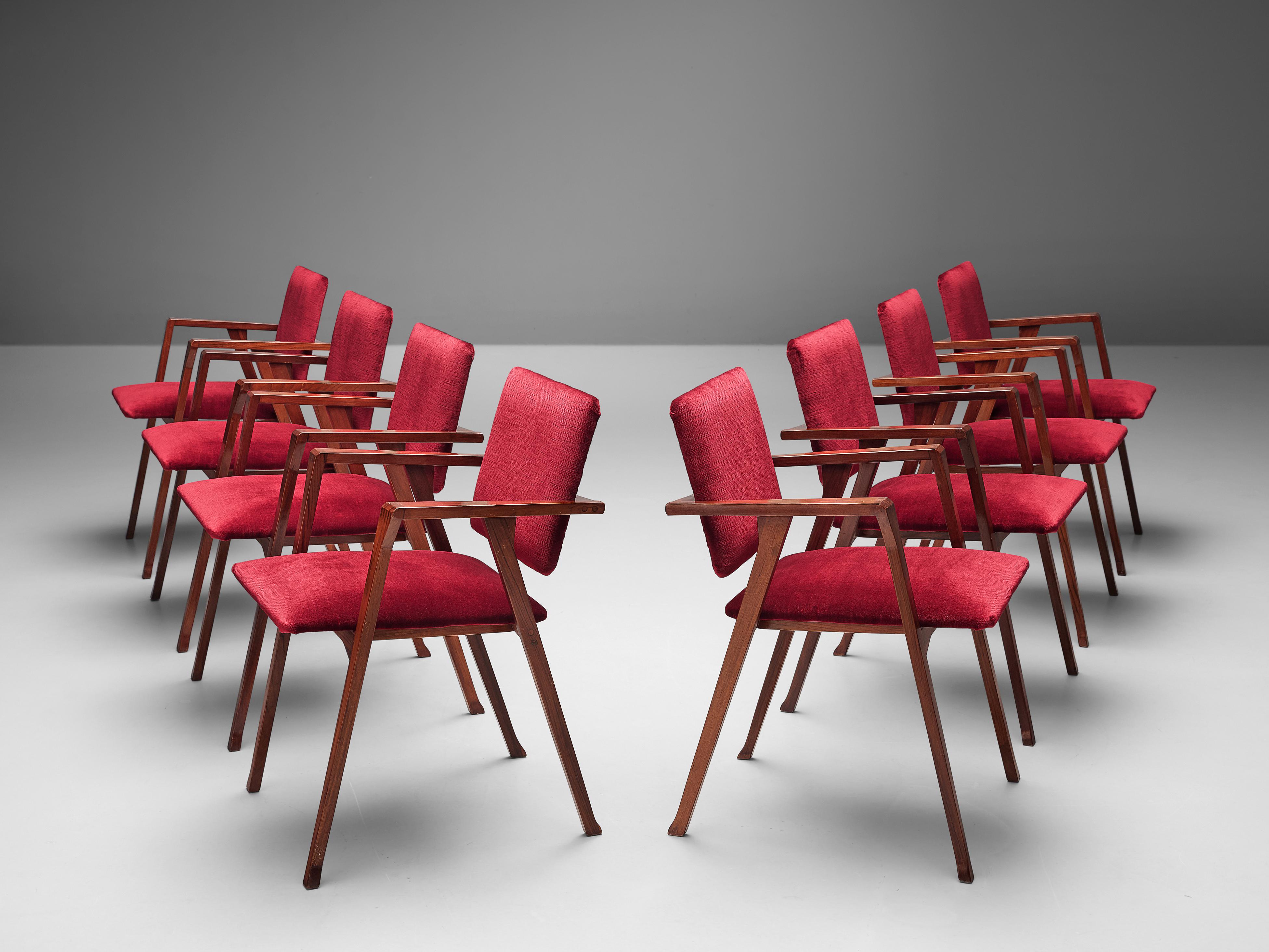 Velvet Franco Albini Set of Eight 'Luisa' Dining Chairs in Red Upholstery