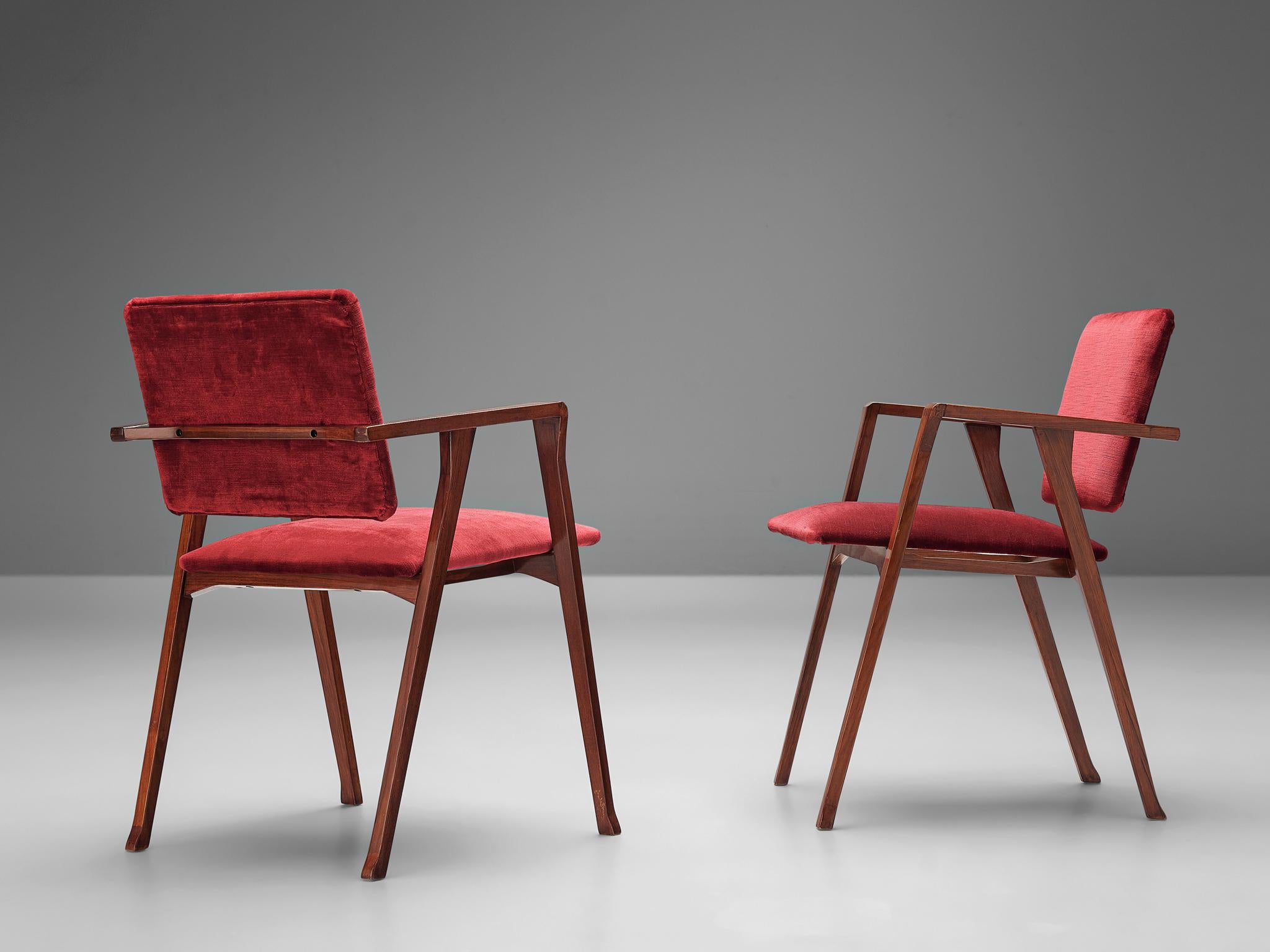 Velvet Franco Albini Set of Eight 'Luisa' Dining Chairs in Red Upholstery