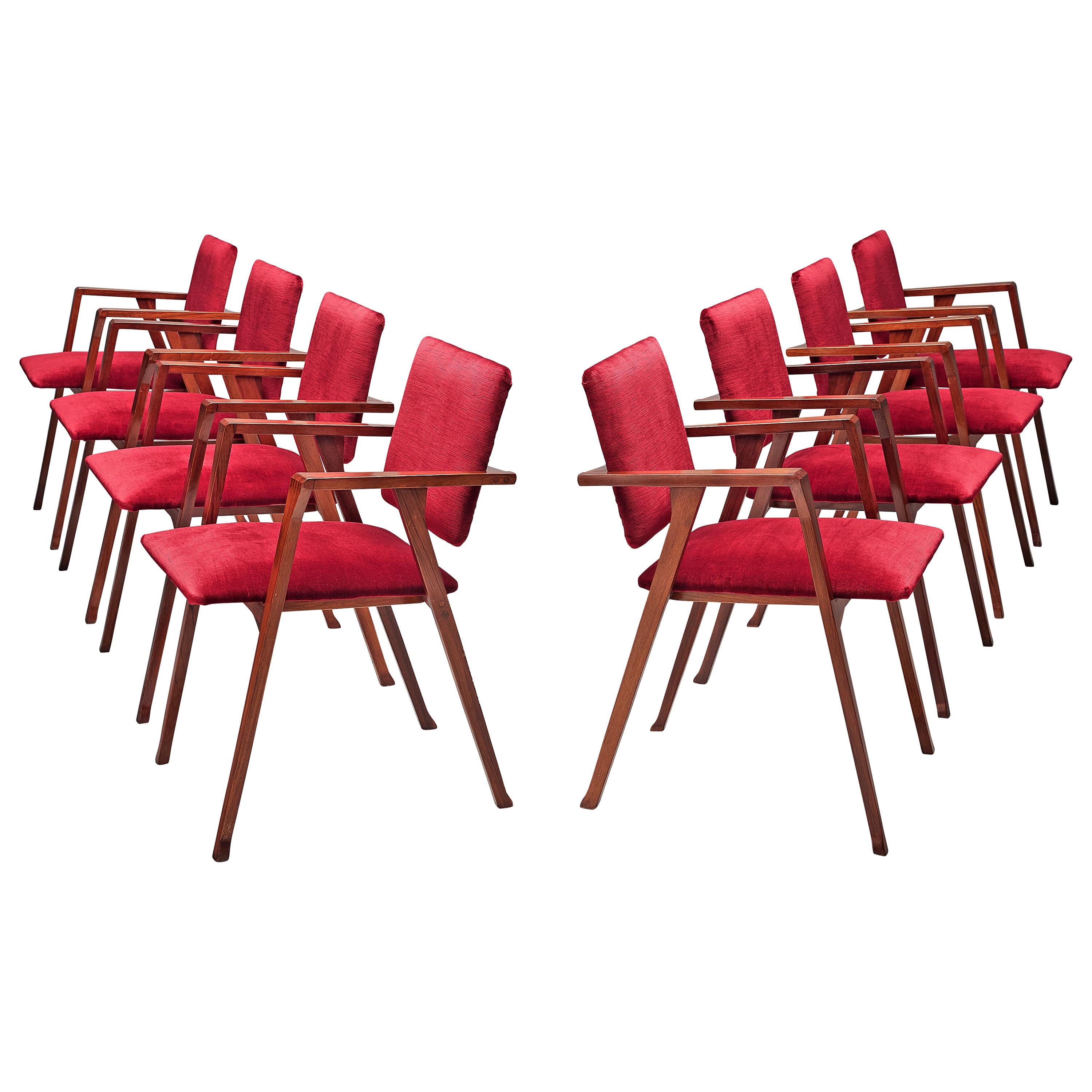 Franco Albini Set of Eight 'Luisa' Dining Chairs in Red Upholstery