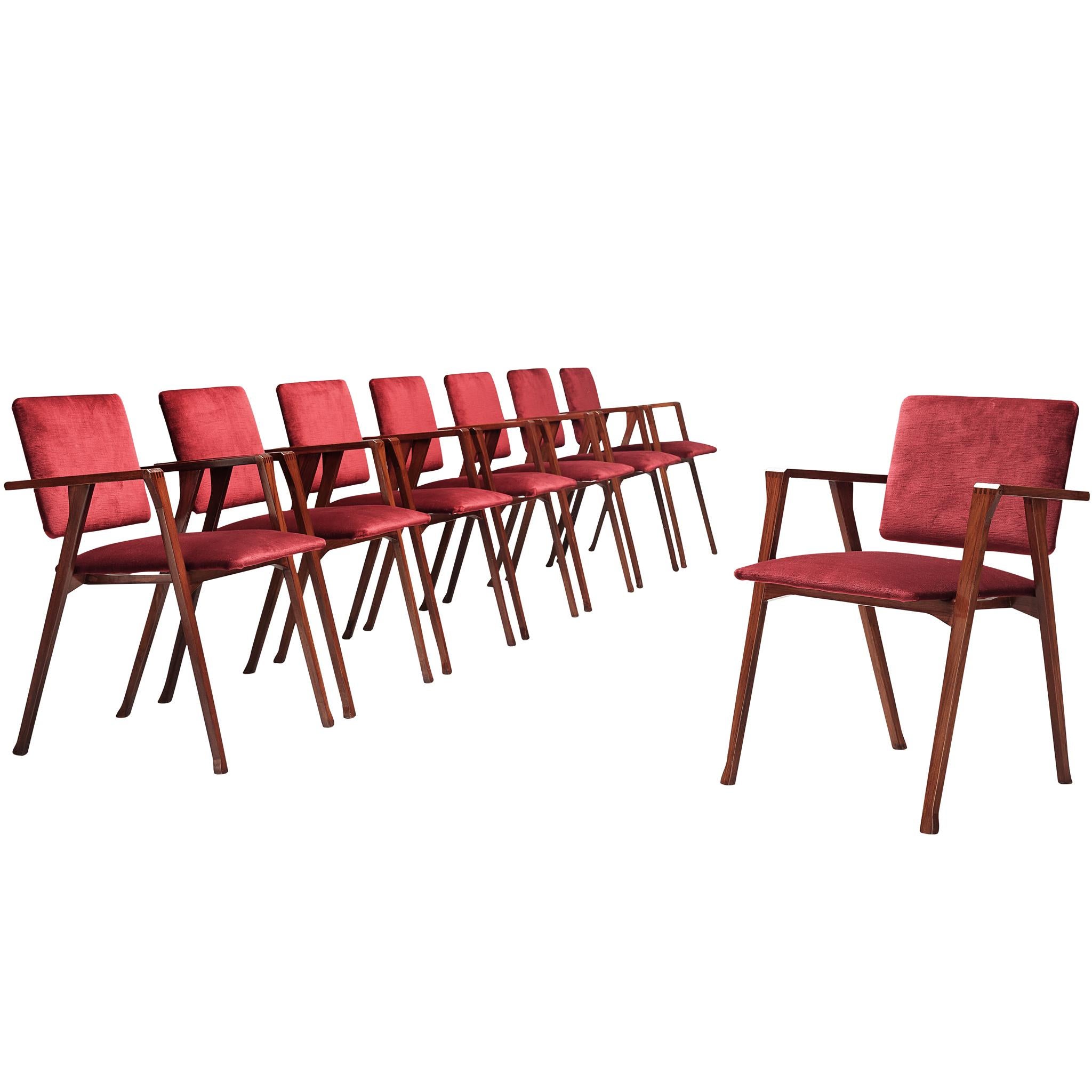 Franco Albini Set of Eight 'Luisa' Dining Chairs in Red Upholstery