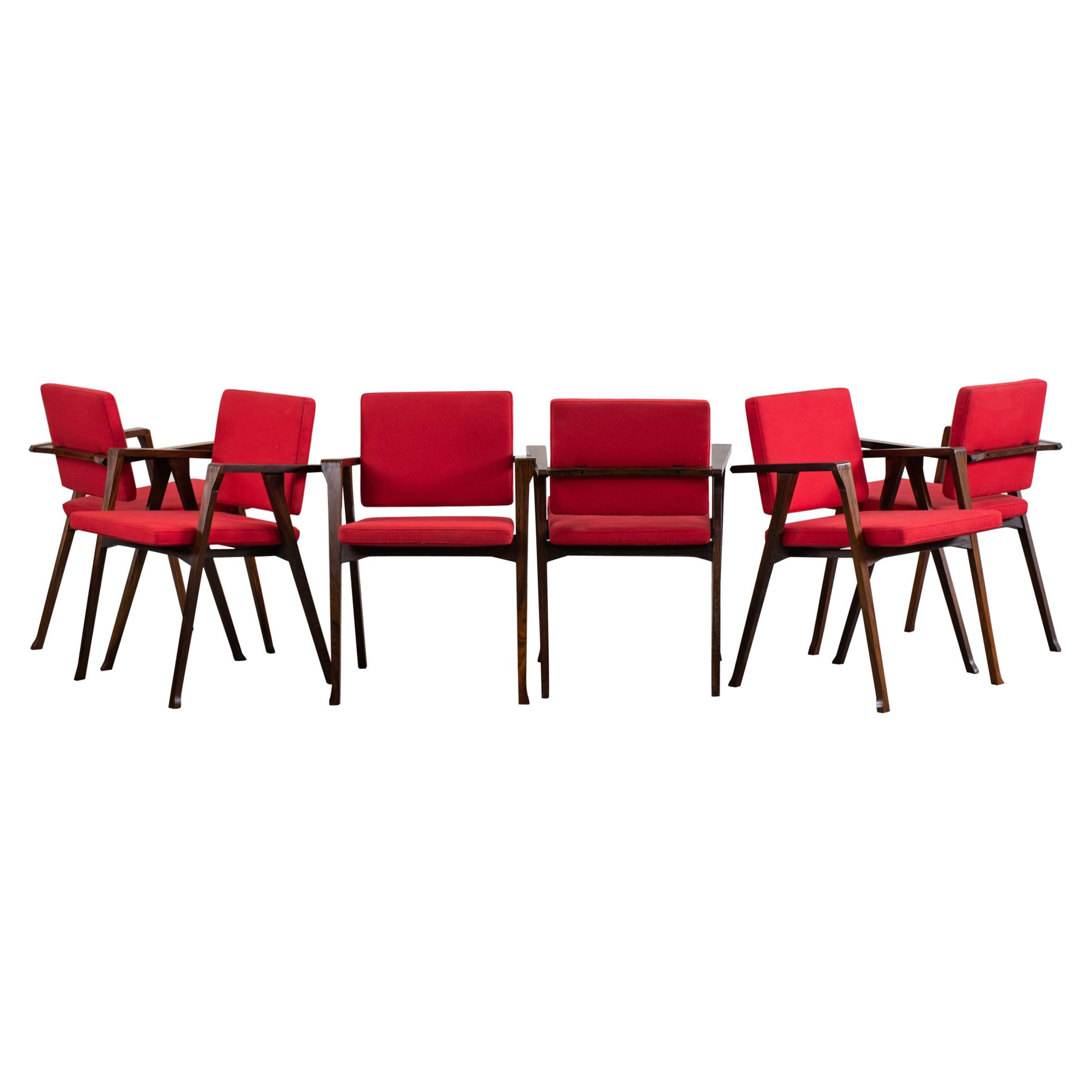 Franco Albini Set of Six Red Luisa Armchairs Poggi Pavia, 1955