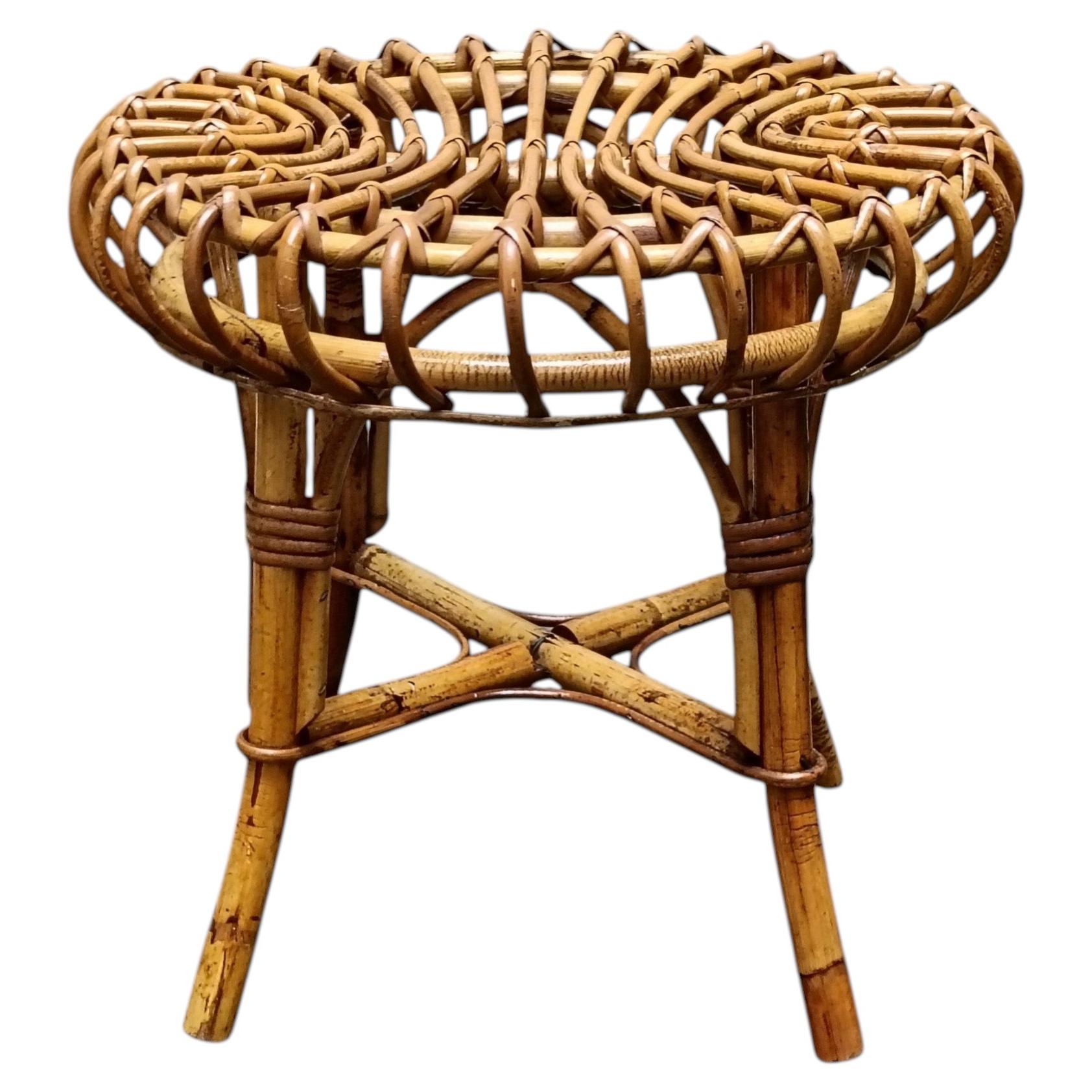 Franco Albini Round Stool in Rattan and Wicker, Italy, 1960s For Sale