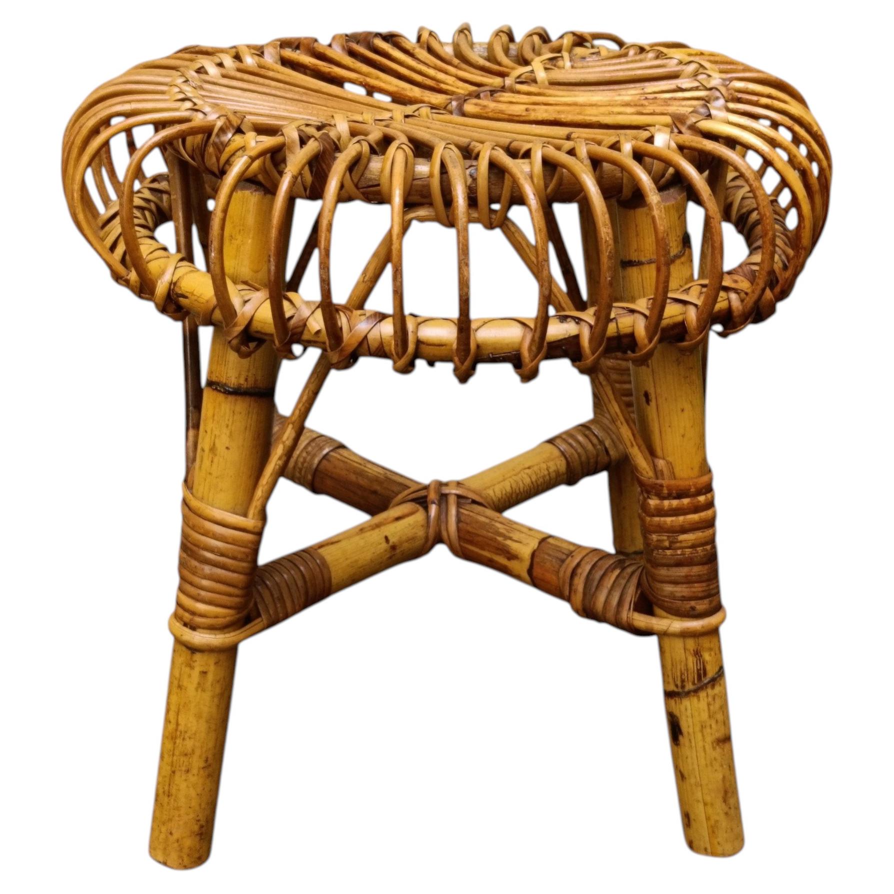 Franco Albini Round Stool in Rattan and Wicker, Italy, 1960s
