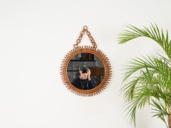 Franco Albini "Spring" Rattan and Bamboo Round Mirror with Chain, Italy 1960s