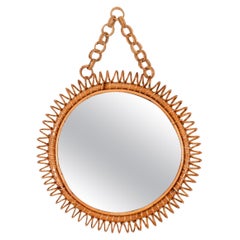 Miroir rond Spring de Franco Albini en rotin et bambou avec chaîne, Italie, années 1960