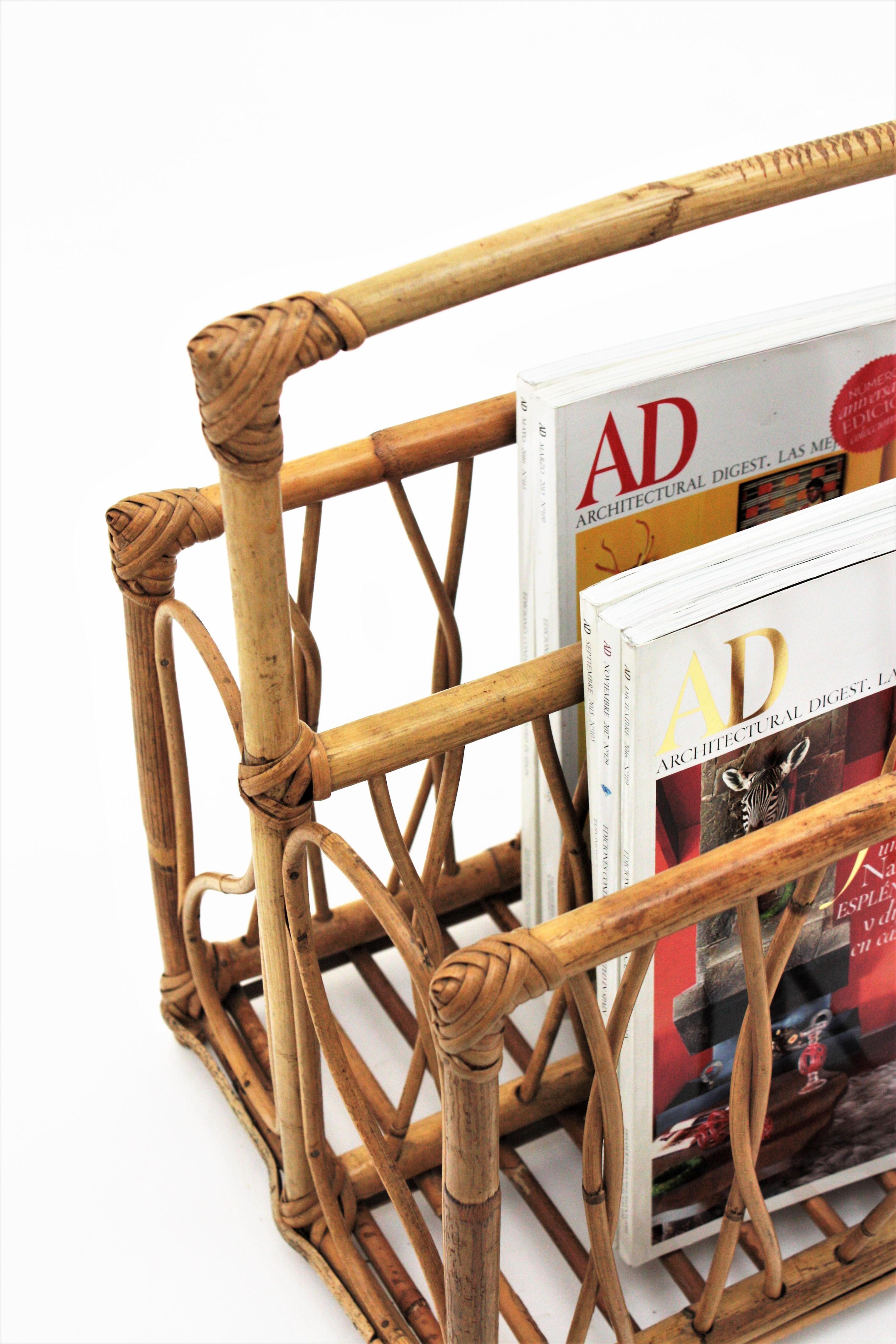 Mid-Century Modern Franco Albini Style Bamboo and Rattan Magazine Rack Basket Stand