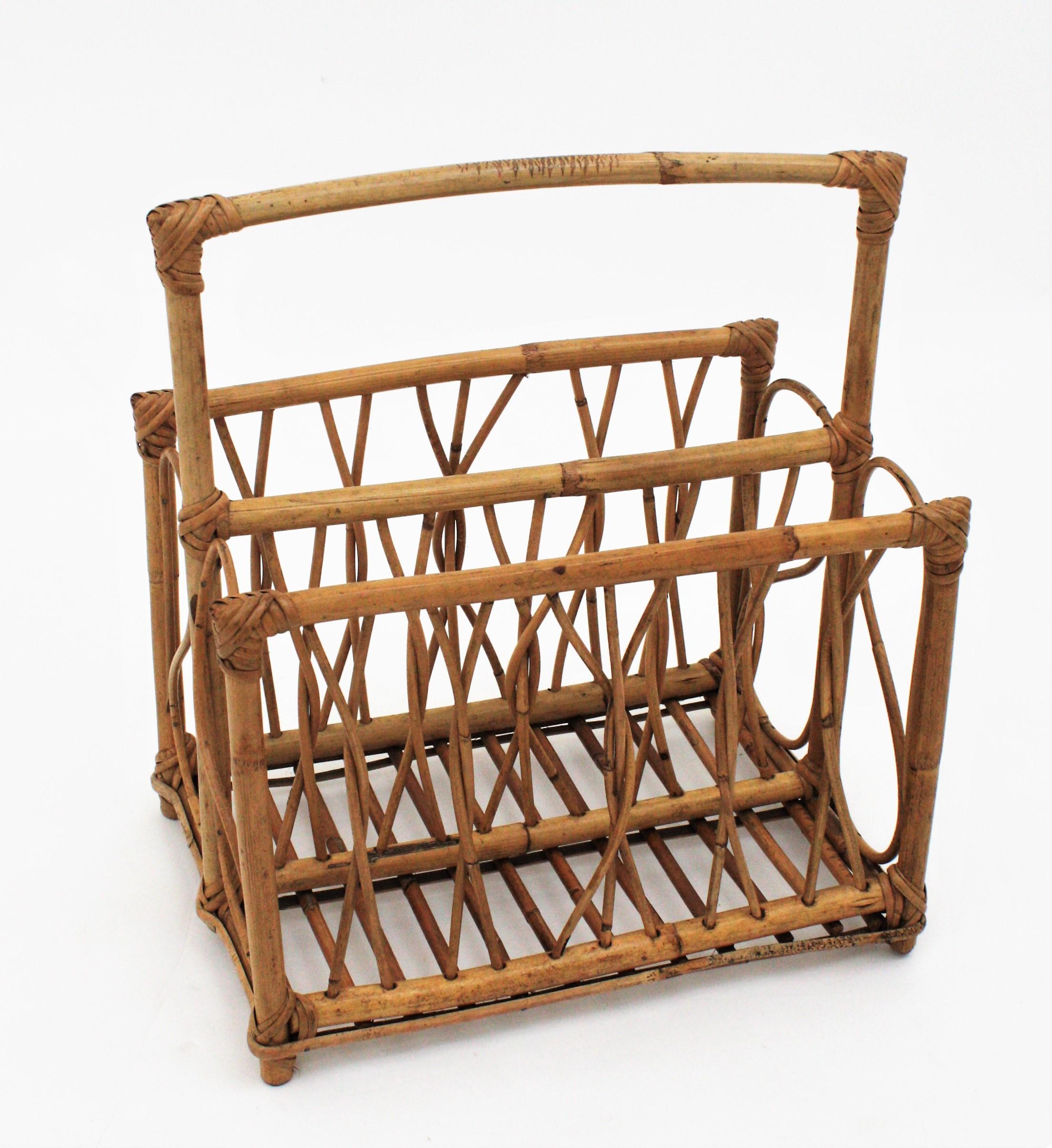 Italian Franco Albini Style Bamboo and Rattan Magazine Rack Basket Stand