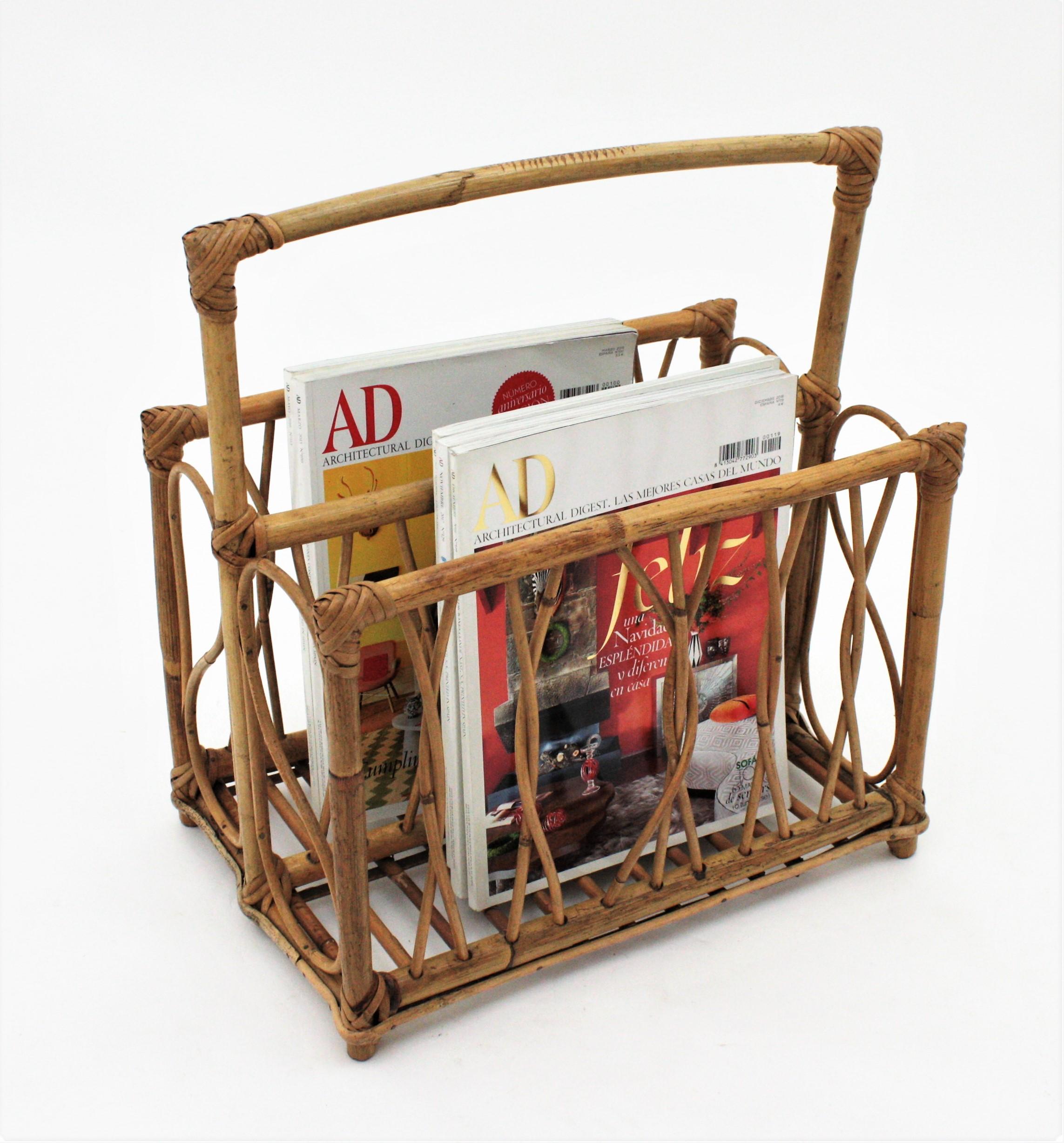 Hand-Crafted Franco Albini Style Bamboo and Rattan Magazine Rack Basket Stand