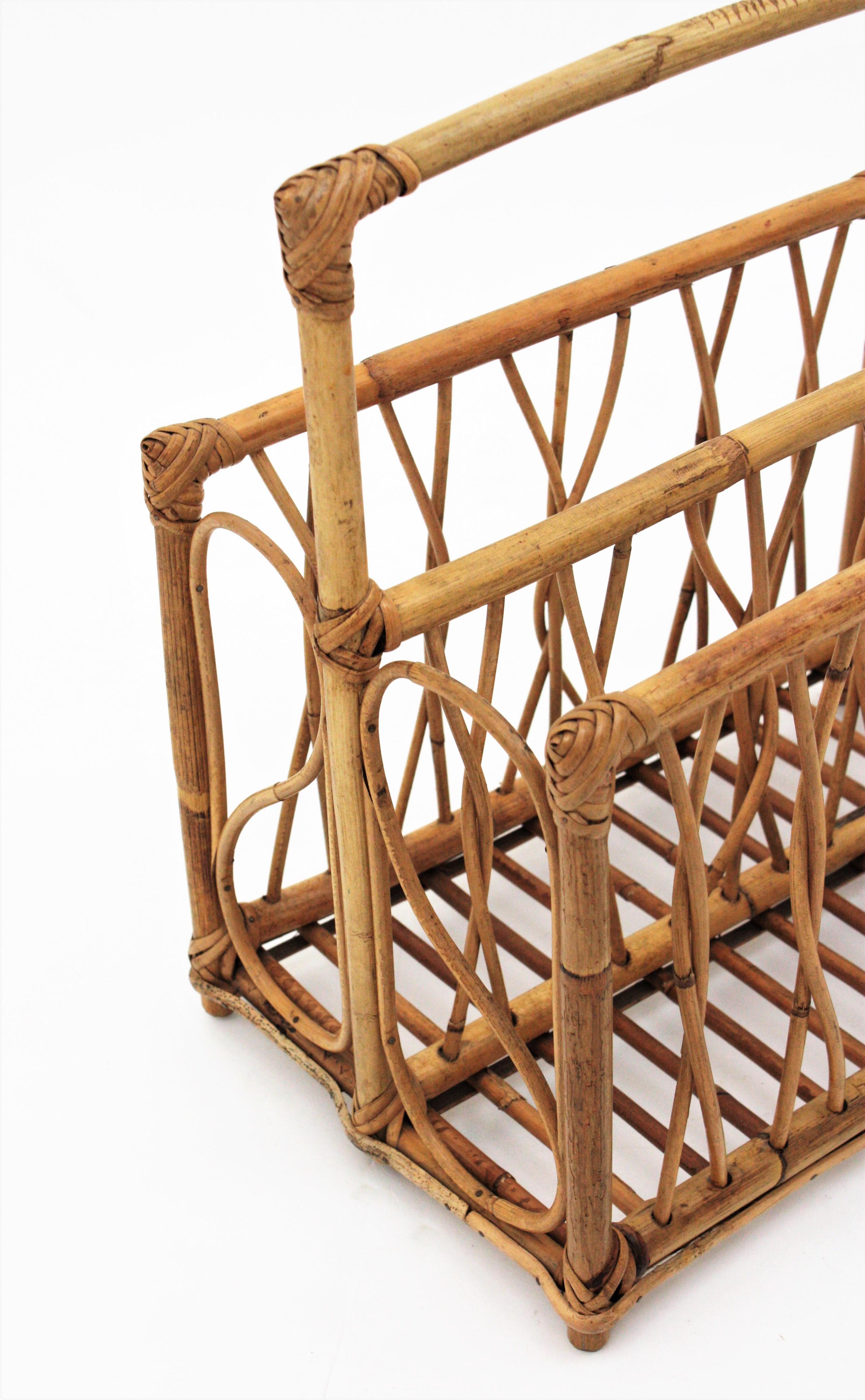 20th Century Franco Albini Style Bamboo and Rattan Magazine Rack Basket Stand