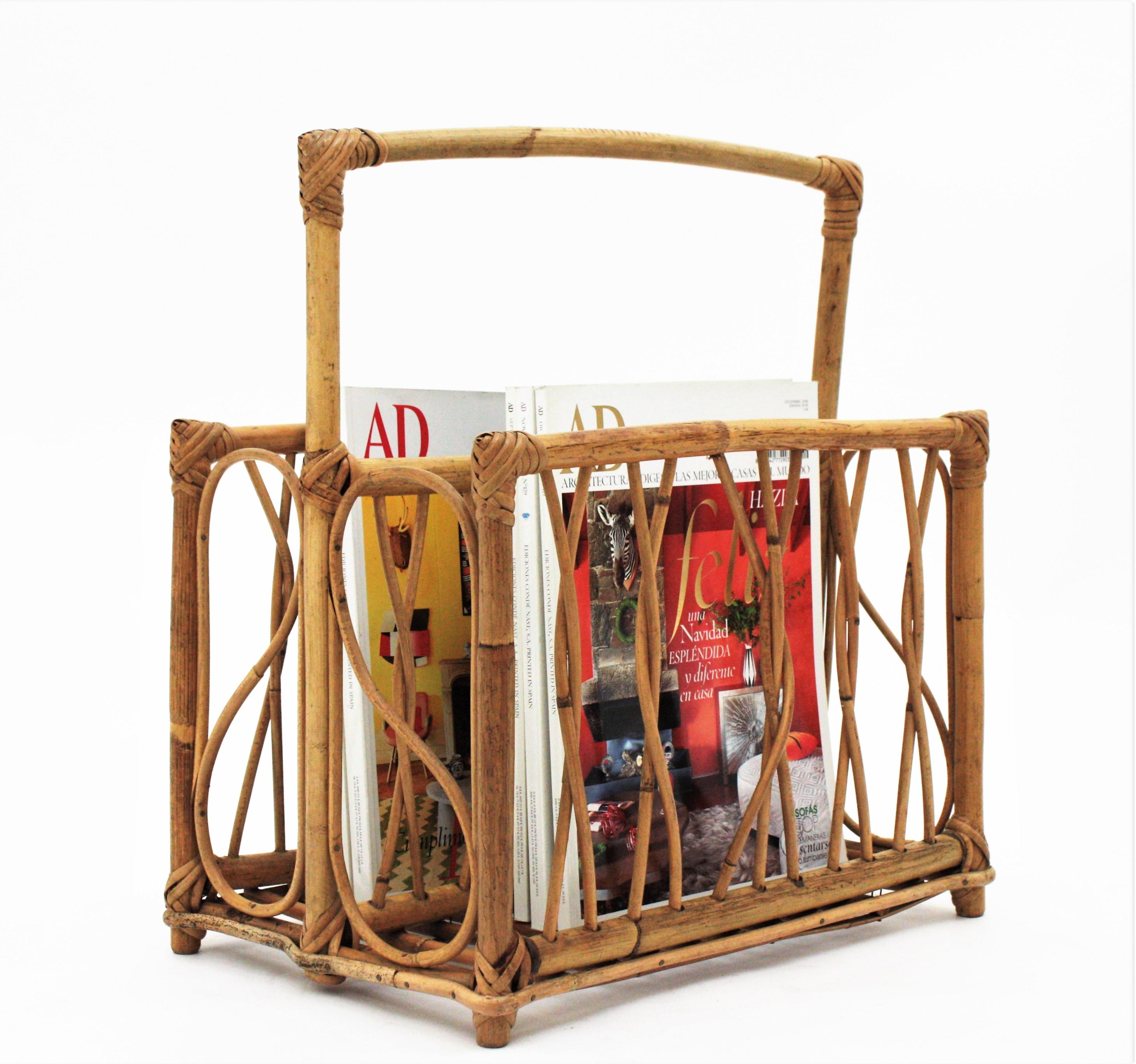 Wicker Franco Albini Style Bamboo and Rattan Magazine Rack Basket Stand