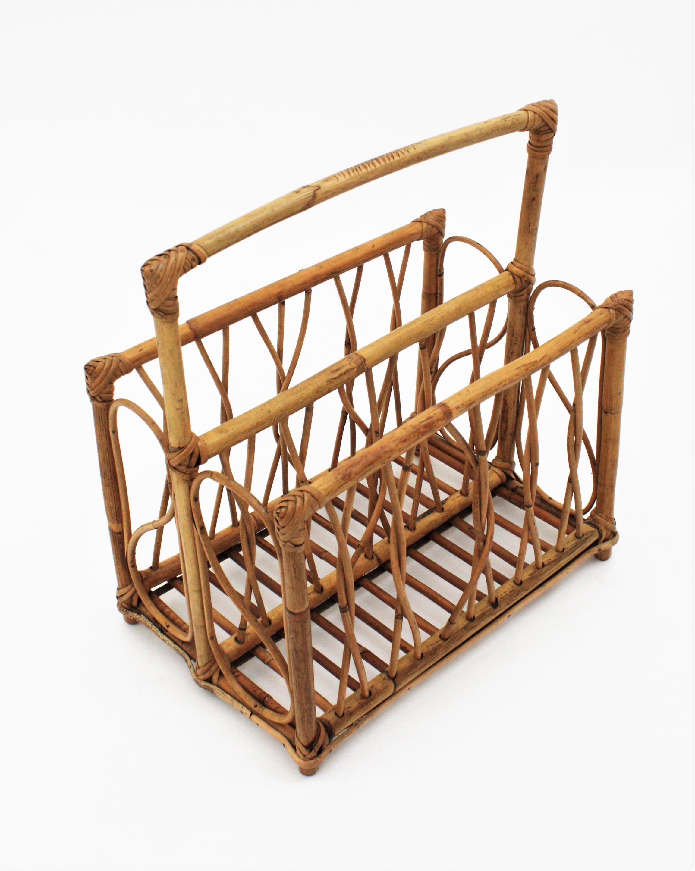 Franco Albini Style Bamboo and Rattan Magazine Rack Basket Stand 1