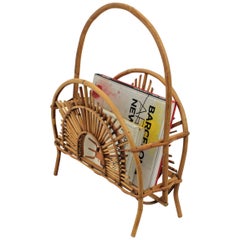 Franco Albini Style Bamboo and Rattan Sunburst Magazine Rack / Stand