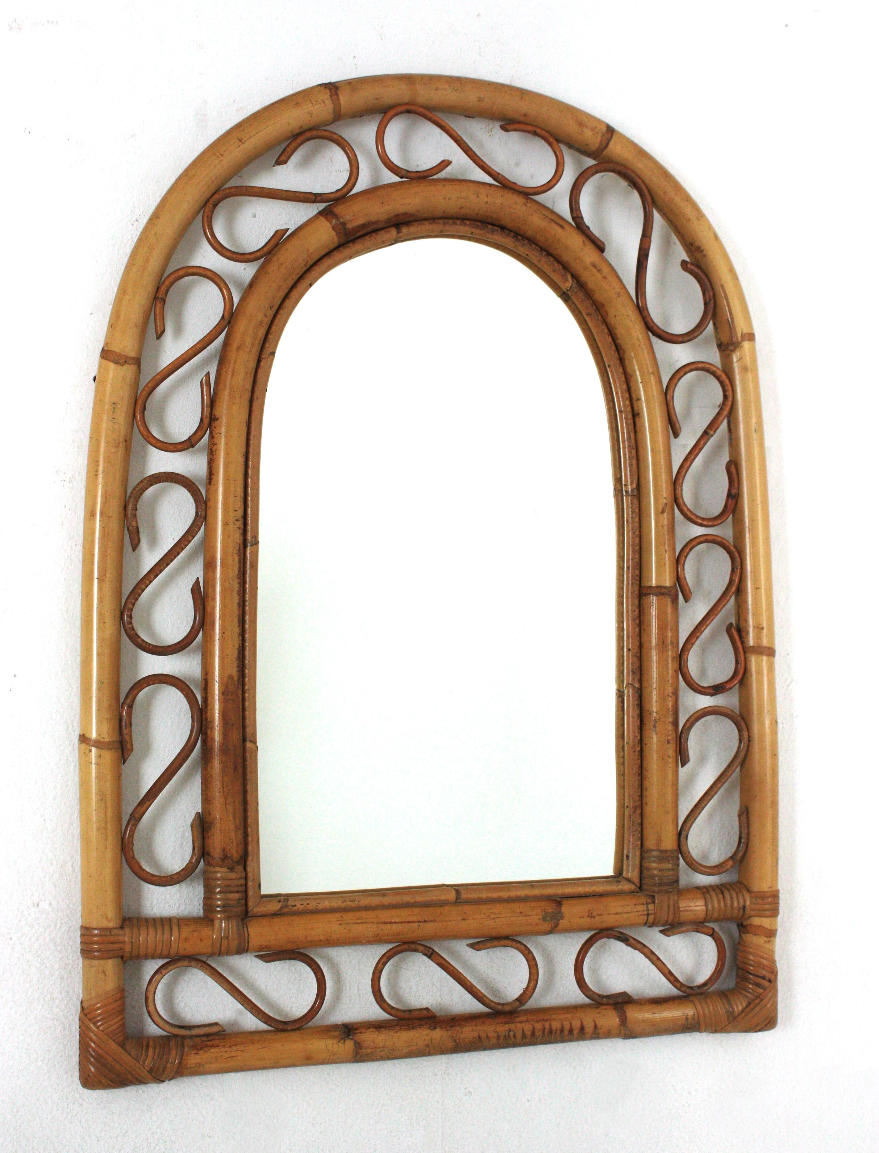 Franco Albini Style Bamboo Rattan Mirror with Arched Top For Sale 3