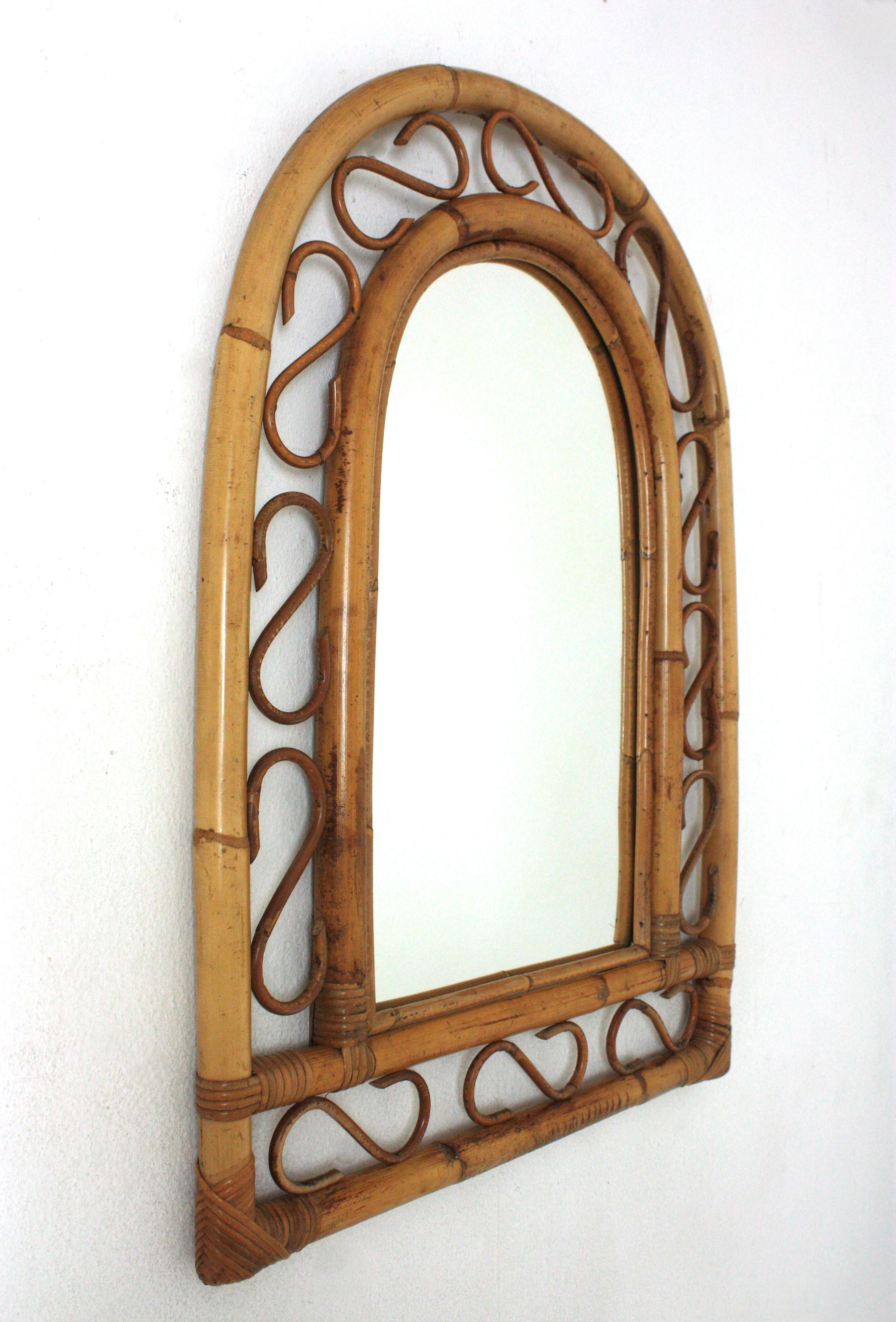 Mid-Century Modern Franco Albini Style Bamboo Rattan Mirror with Arched Top For Sale