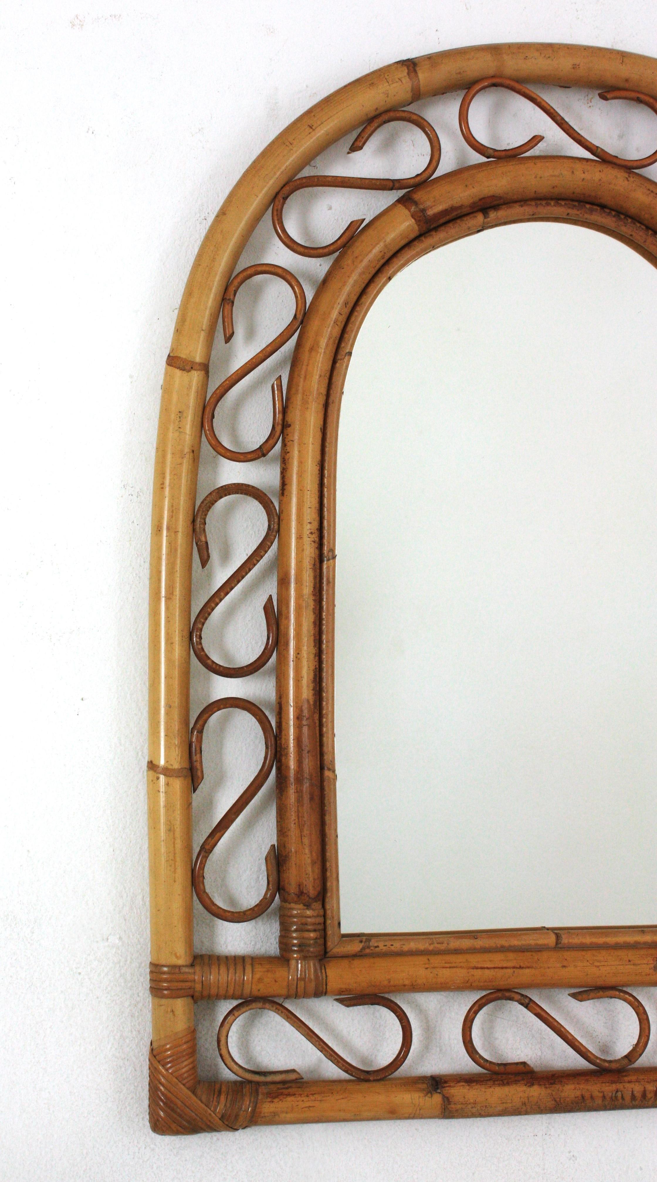 Italian Franco Albini Style Bamboo Rattan Mirror with Arched Top For Sale