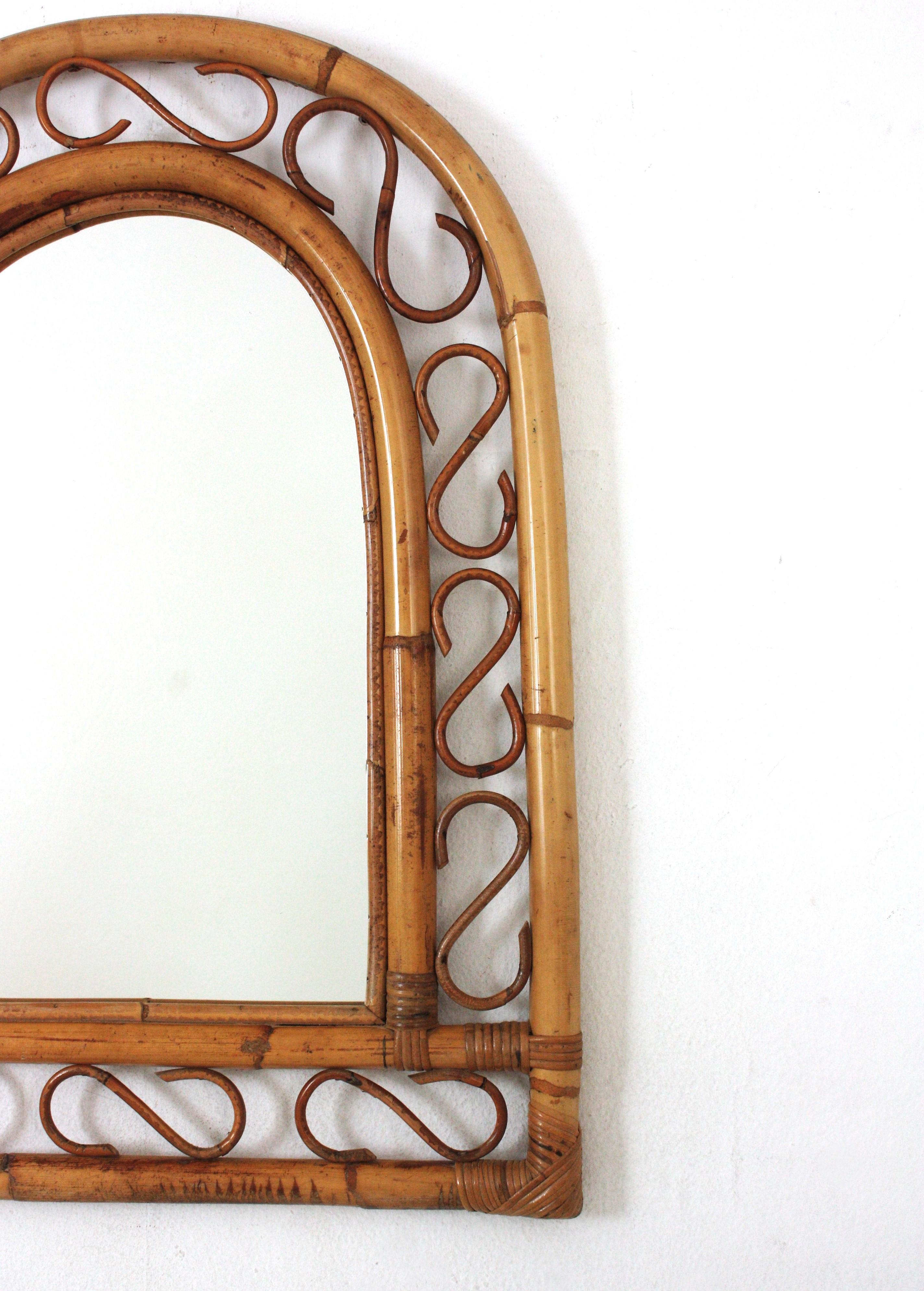Hand-Crafted Franco Albini Style Bamboo Rattan Mirror with Arched Top For Sale