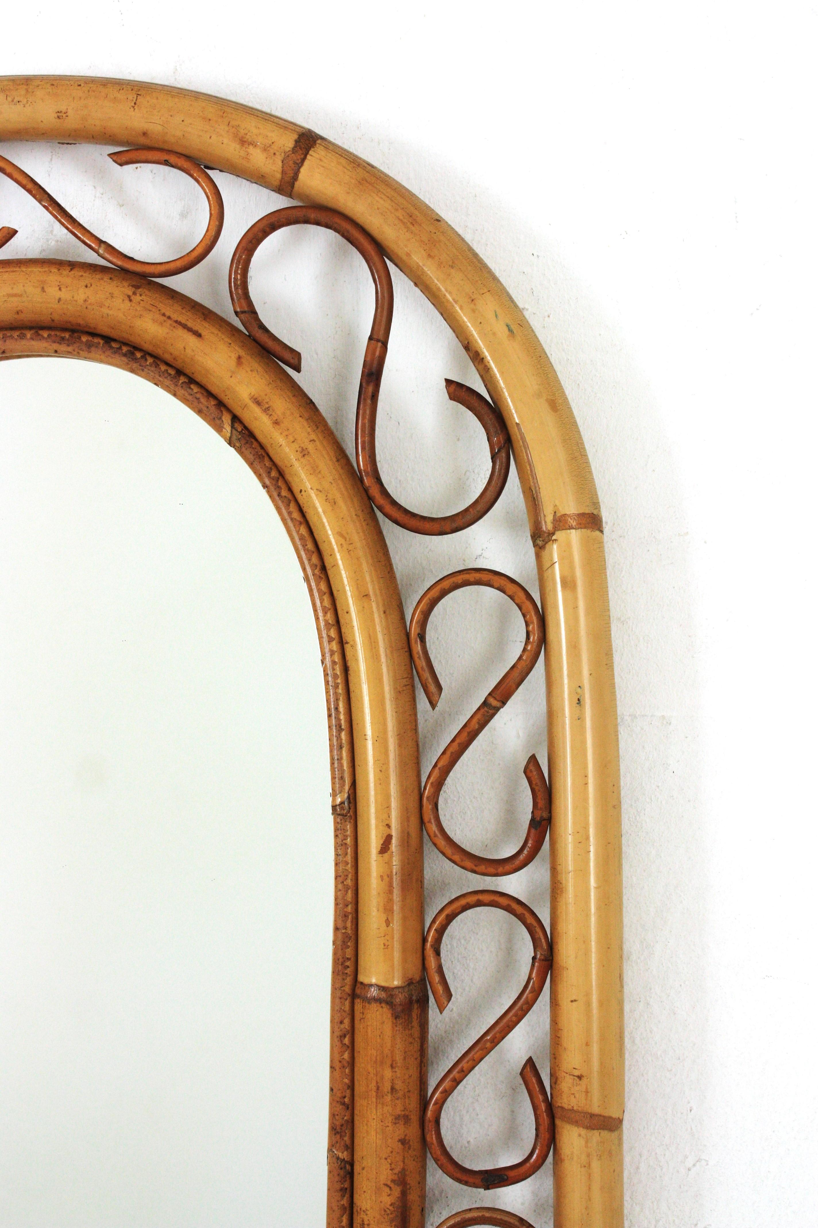 20th Century Franco Albini Style Bamboo Rattan Mirror with Arched Top For Sale