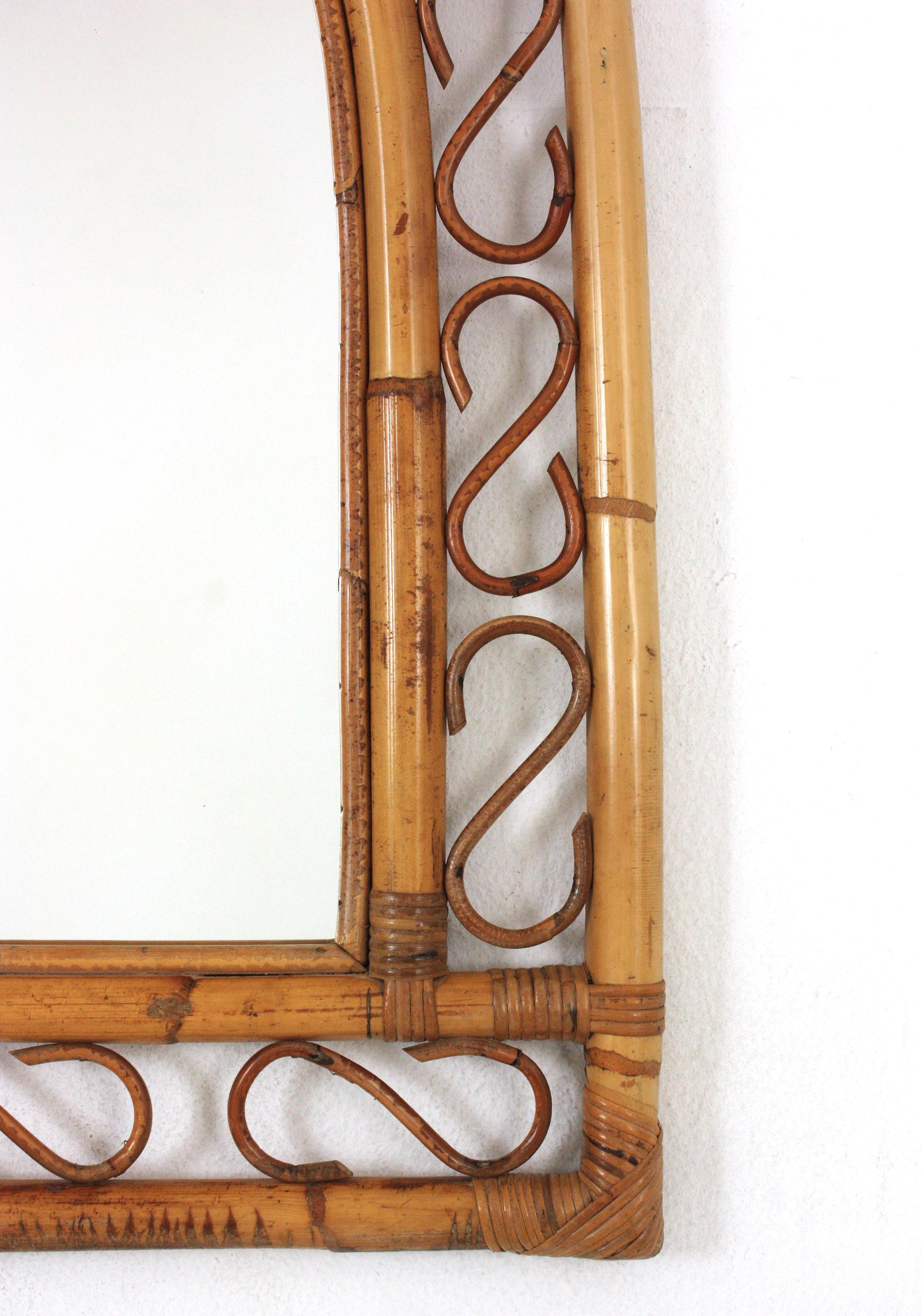 Franco Albini Style Bamboo Rattan Mirror with Arched Top For Sale 1