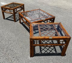 Franco Albini Style Bamboo Rattan Set of 3, Coffee and Side Tables