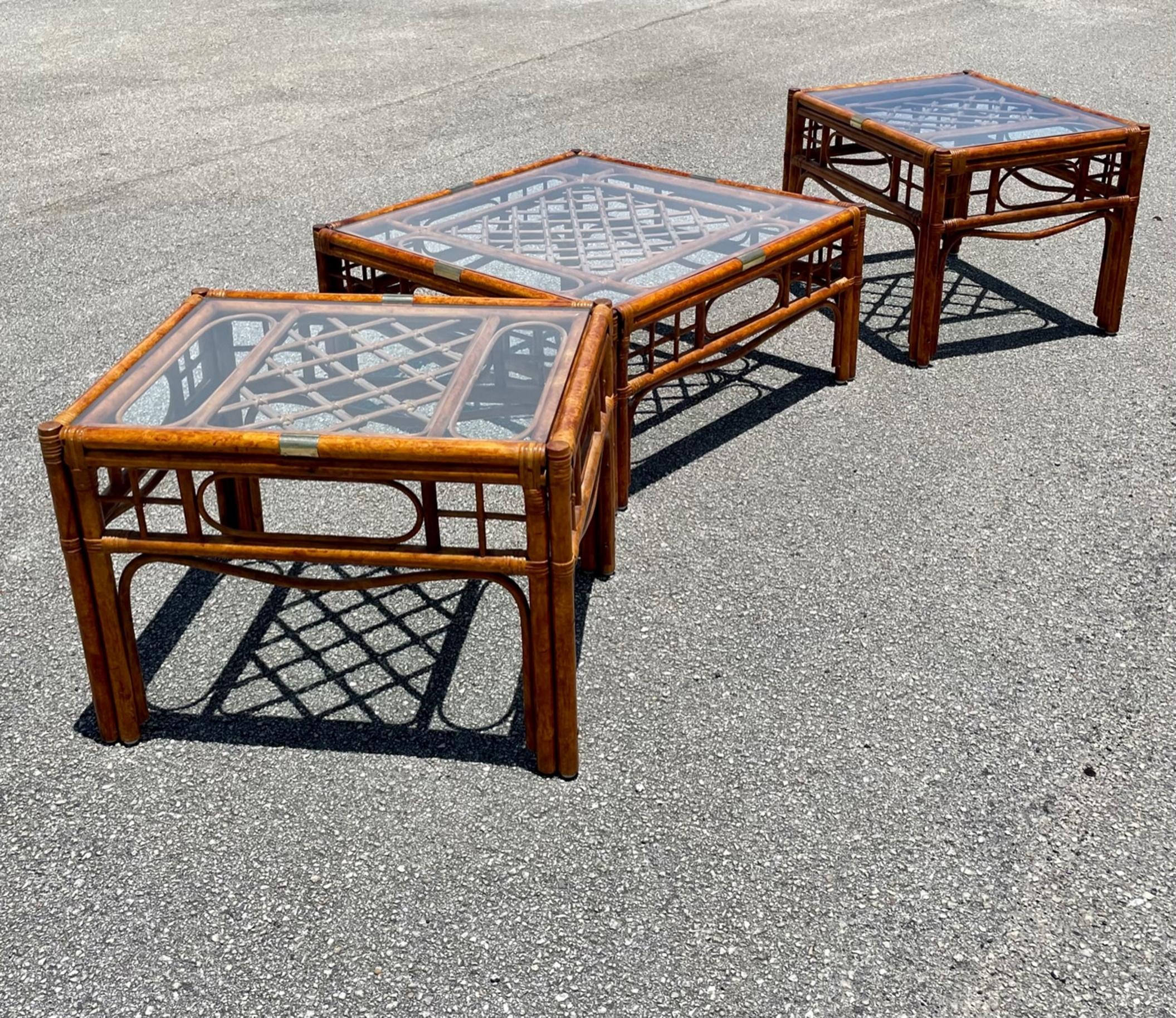 Mid-Century Modern Franco Albini Style Bamboo Rattan Set of 3, Coffee and Side Tables