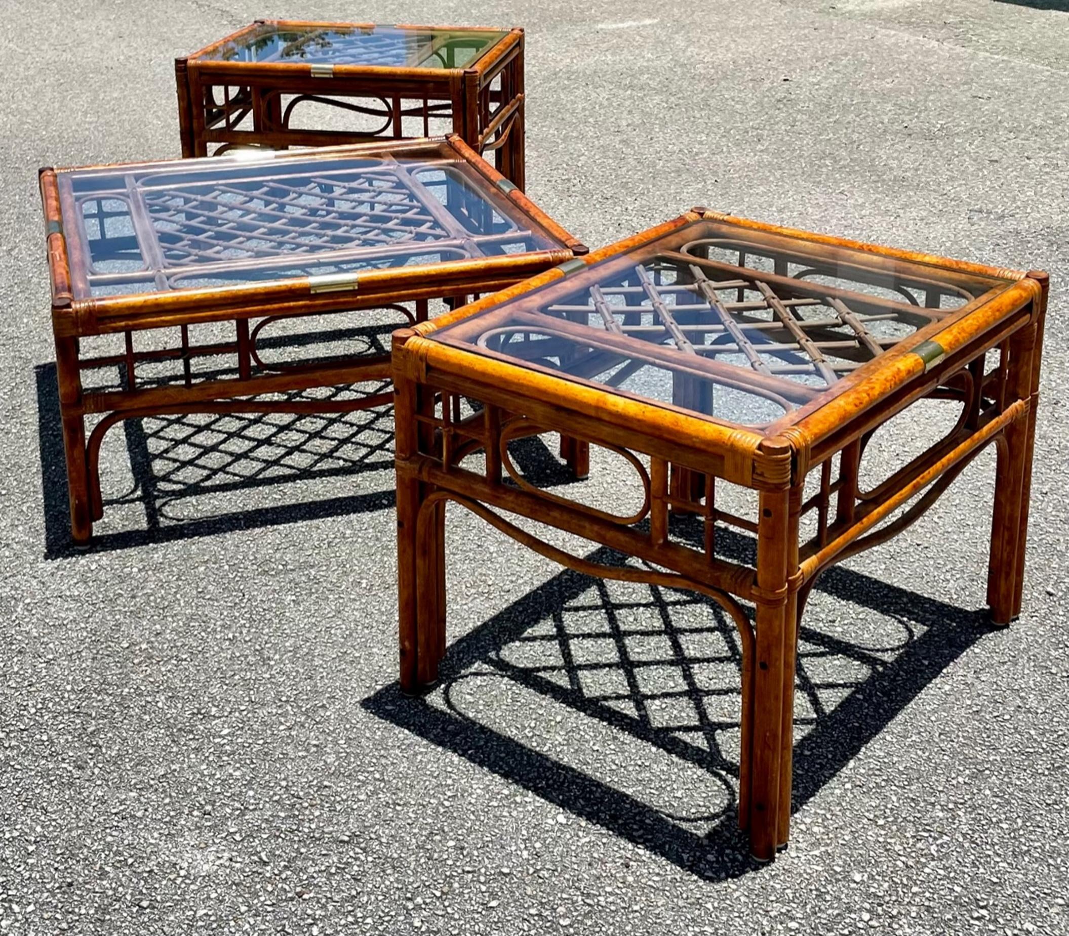 Unknown Franco Albini Style Bamboo Rattan Set of 3, Coffee and Side Tables