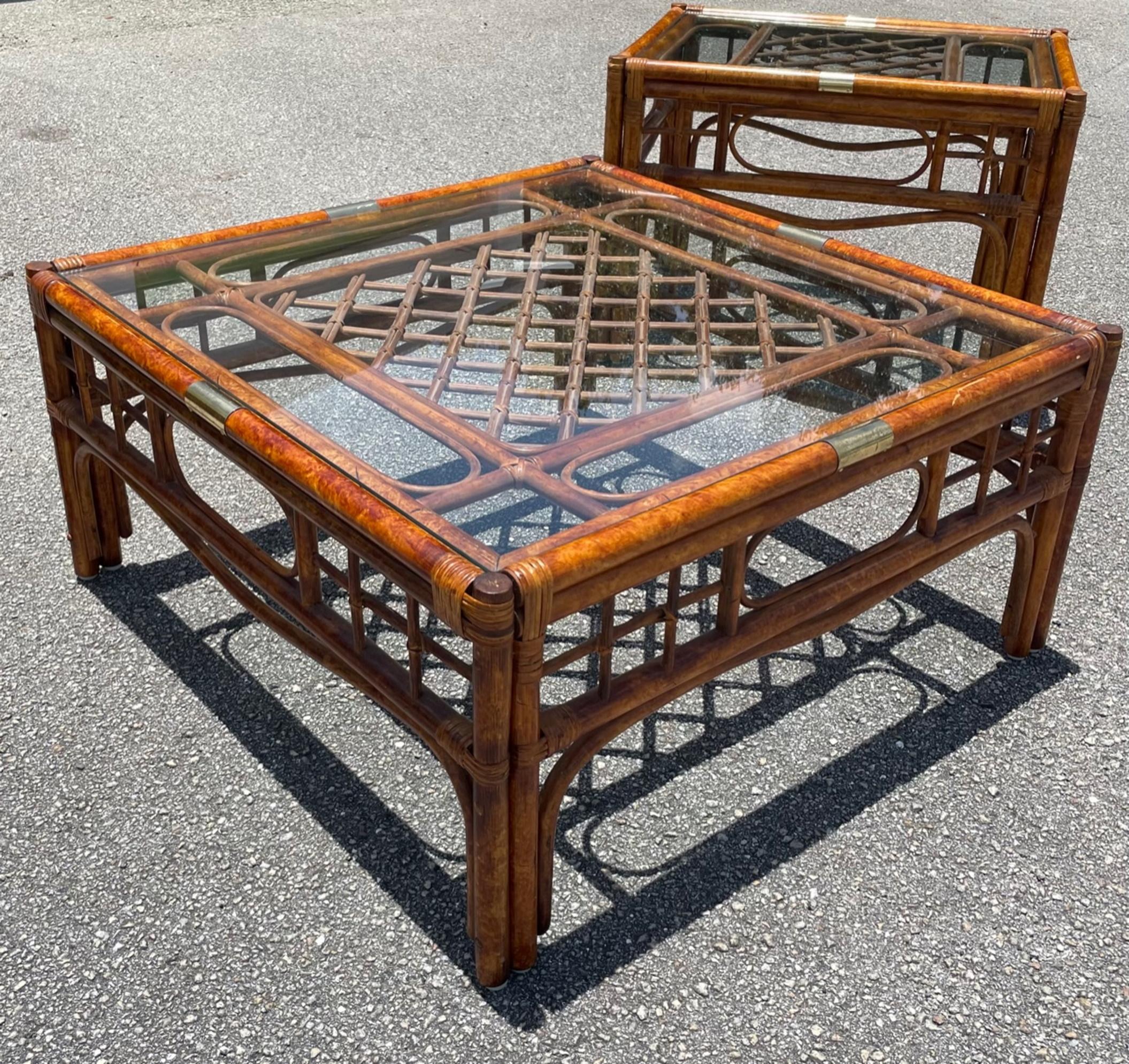 Franco Albini Style Bamboo Rattan Set of 3, Coffee and Side Tables In Good Condition In Vero Beach, FL