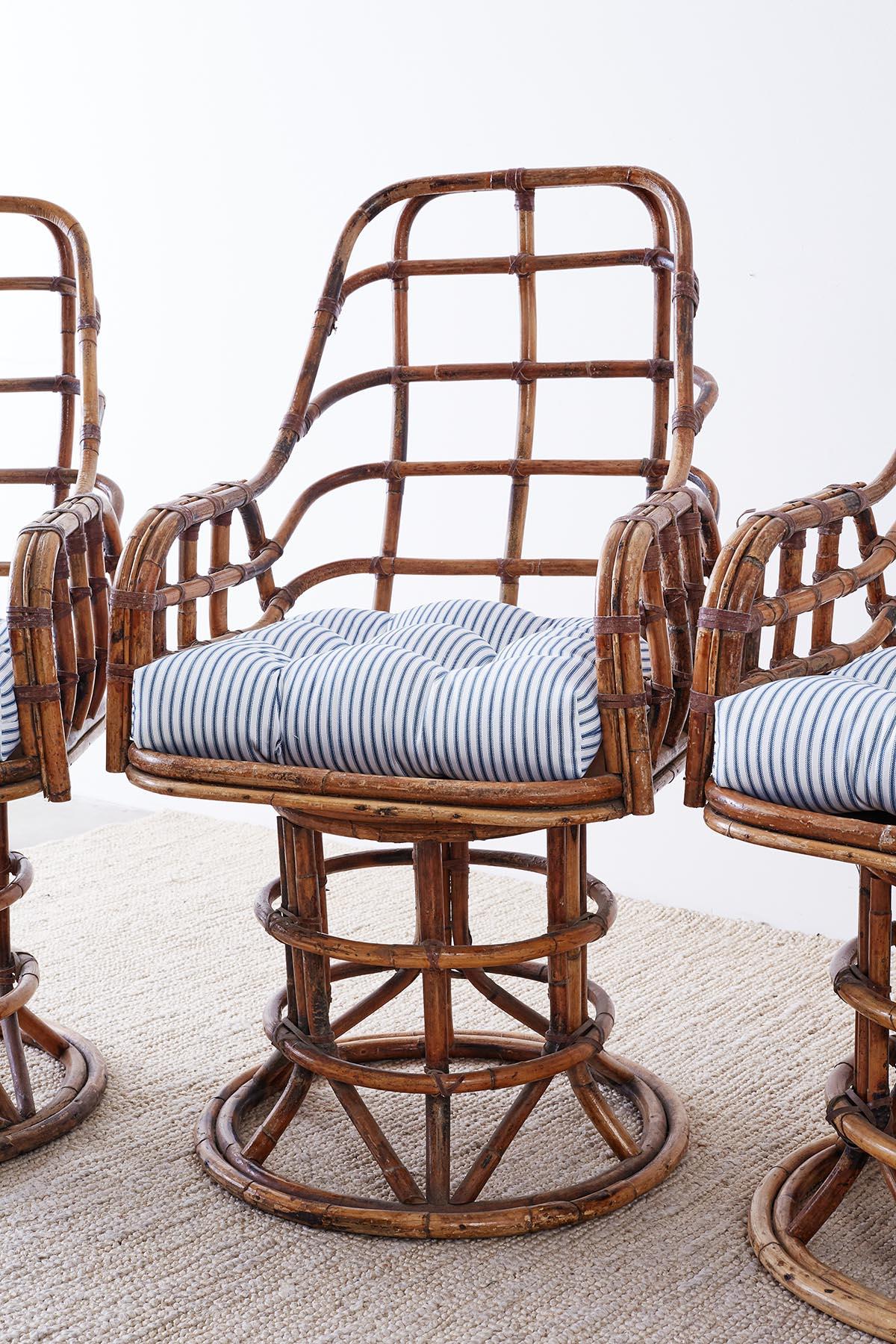 Franco Albini Style Bamboo Rattan Swivel Lounge Chairs 3