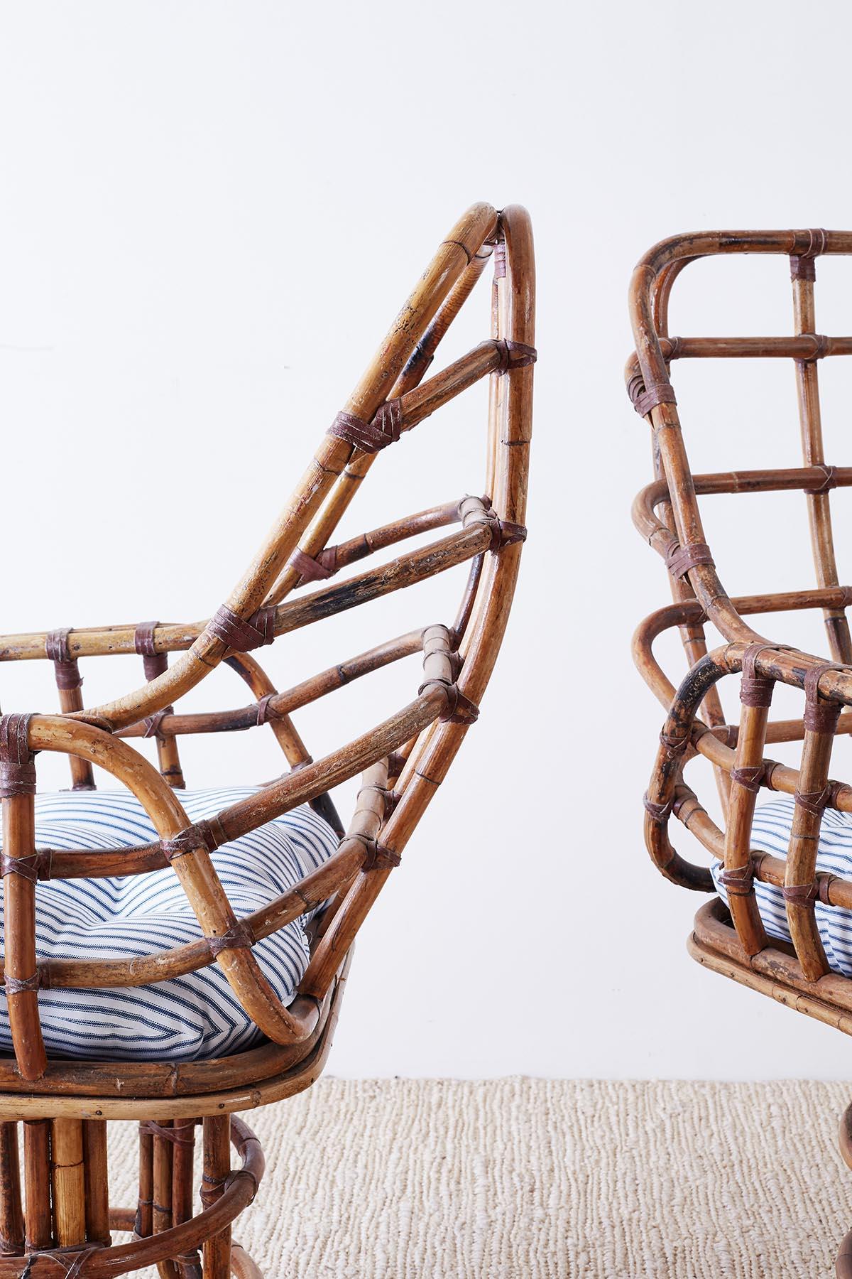 Franco Albini Style Bamboo Rattan Swivel Lounge Chairs 6
