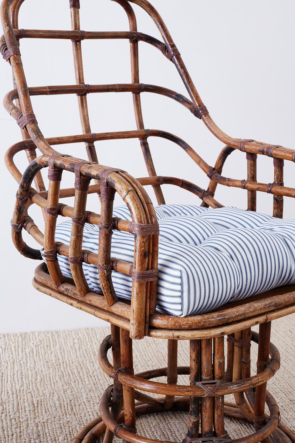 Franco Albini Style Bamboo Rattan Swivel Lounge Chairs 7