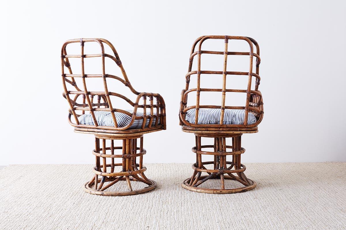Franco Albini Style Bamboo Rattan Swivel Lounge Chairs 9