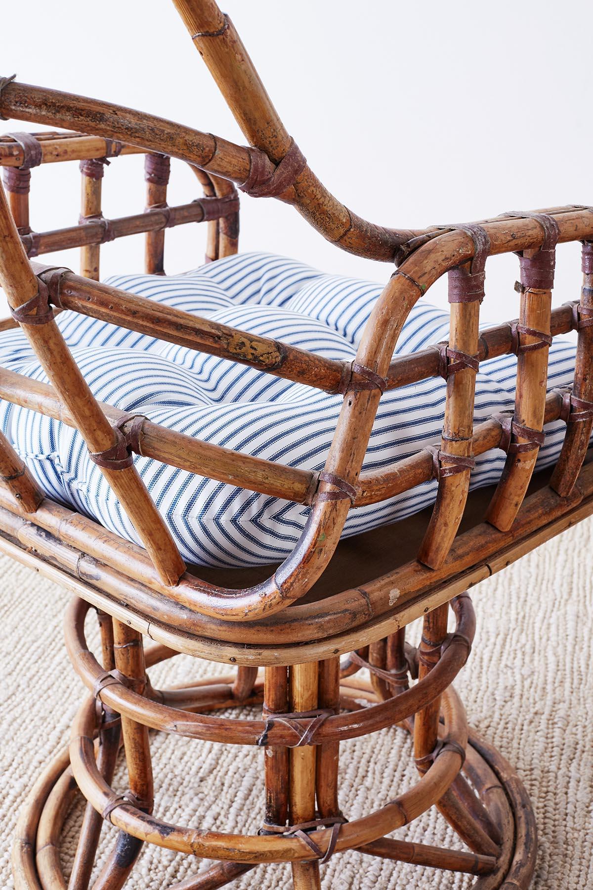 Franco Albini Style Bamboo Rattan Swivel Lounge Chairs 11